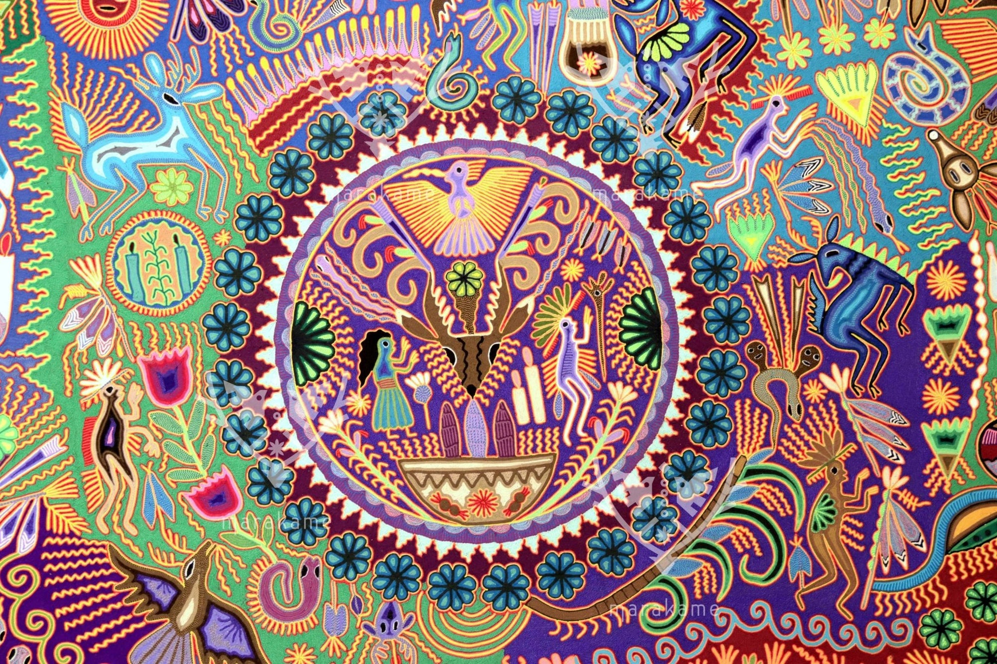 Nierika de Estambre Cuadro Huichol - Kauyumarie - 200 x 200 cm. - Arte Huichol - Marakame