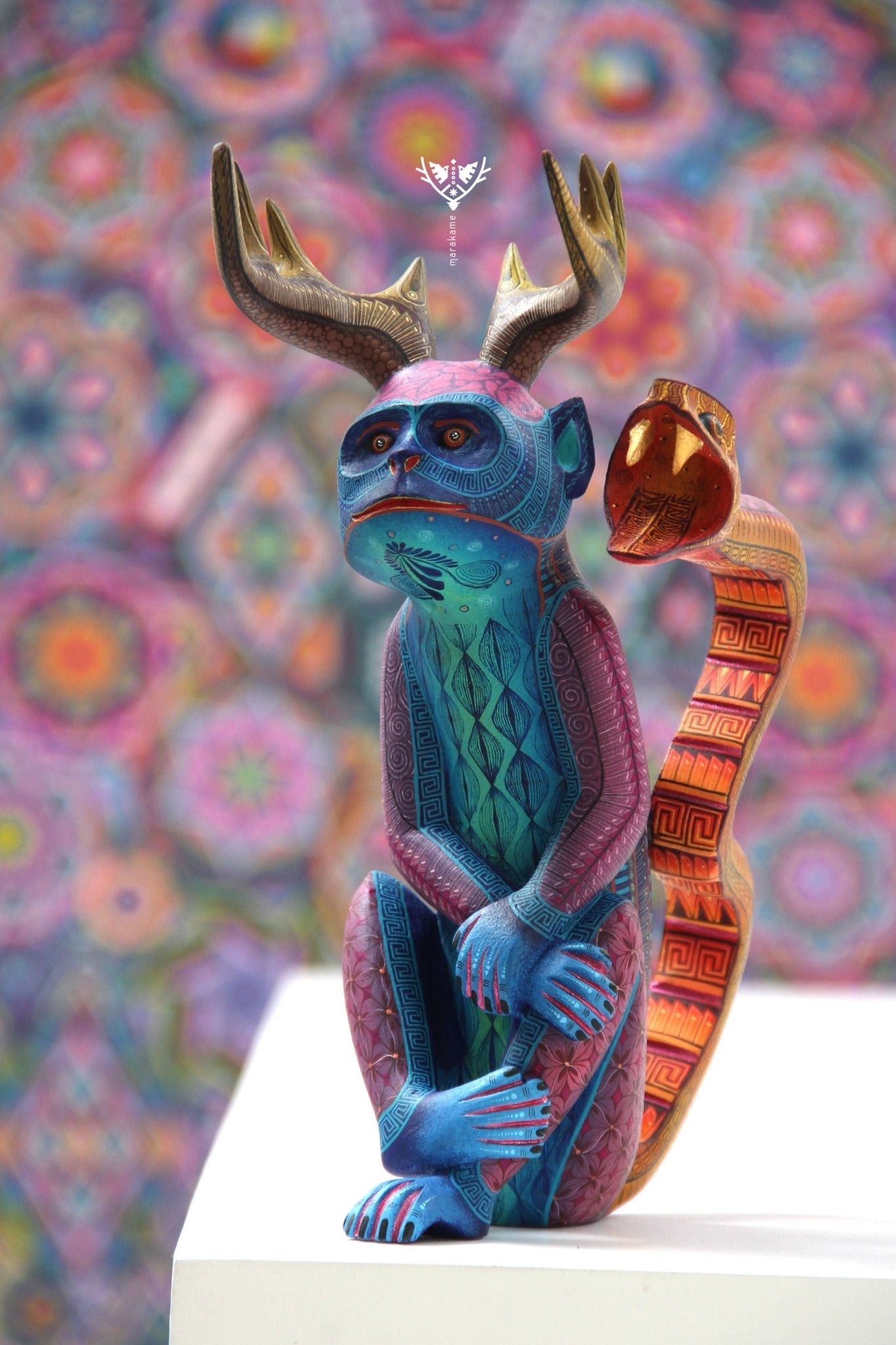 Alebrije - Chango cornudo cola de serpiente - Arte Huichol - Marakame