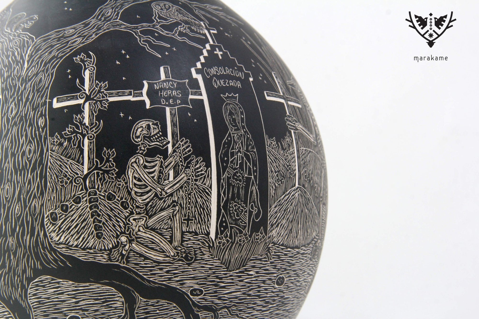 Cerámica de Mata Ortiz - Día de Muertos - Panteón de noche - Arte Huichol - Marakame
