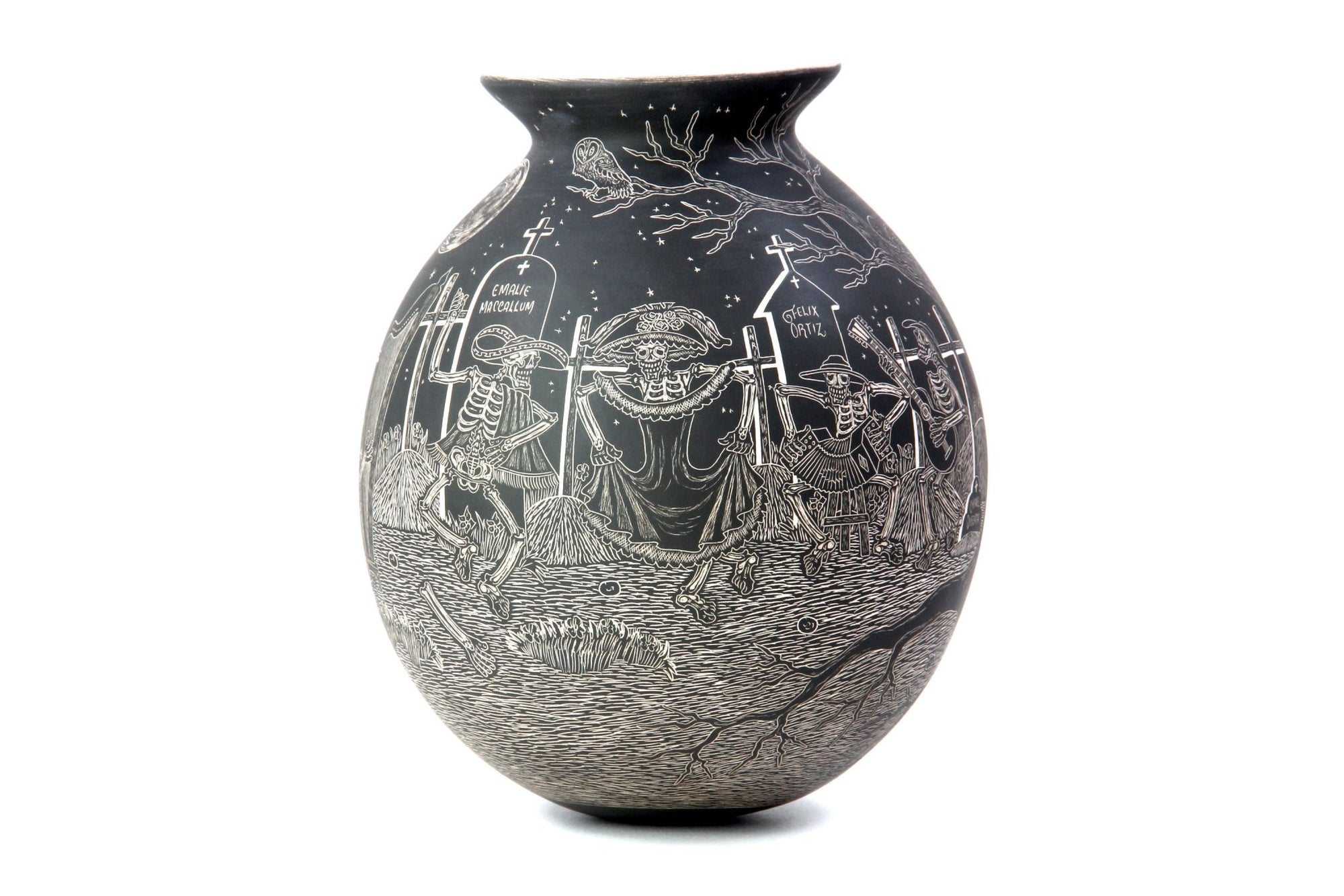 Cerámica de Mata Ortiz - Día de Muertos - Panteón de noche - Arte Huichol - Marakame