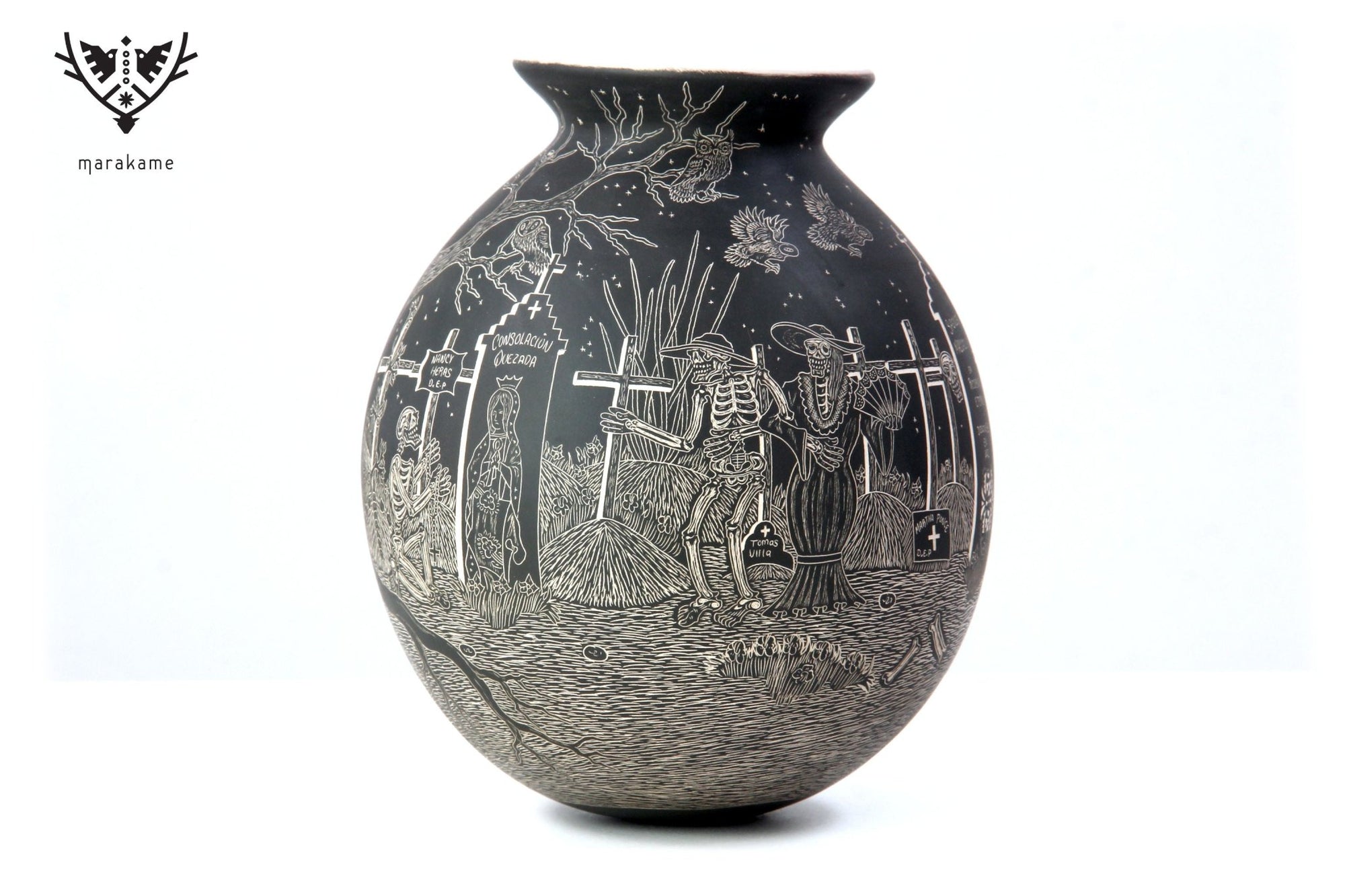 Cerámica de Mata Ortiz - Día de Muertos - Panteón de noche - Arte Huichol - Marakame