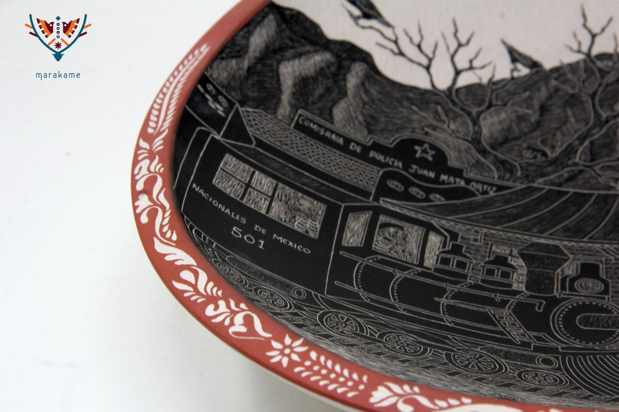 Cerámica de Mata Ortiz - Plato de Día de muertos Ferrocarril de día - Arte Huichol - Marakame