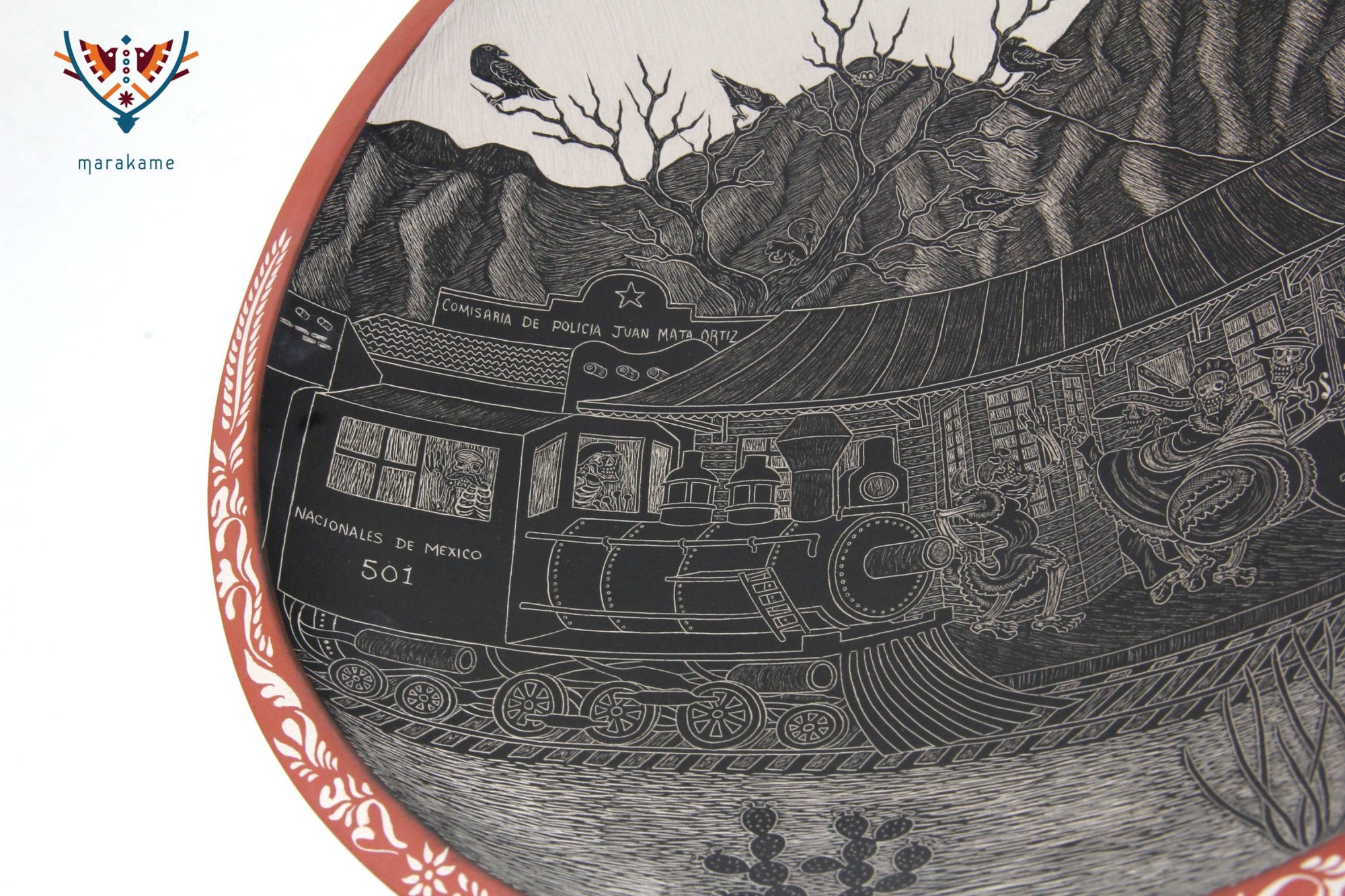 Cerámica de Mata Ortiz - Plato de Día de muertos Ferrocarril de día - Arte Huichol - Marakame