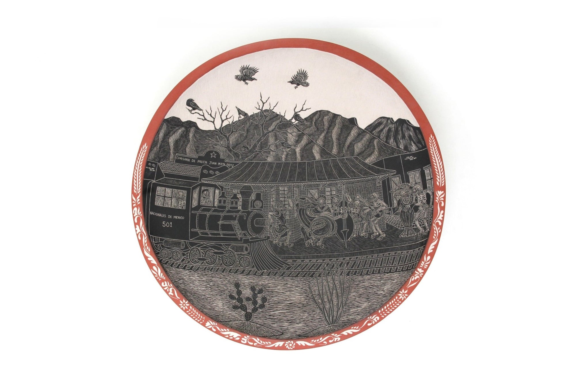 Cerámica de Mata Ortiz - Plato de Día de muertos Ferrocarril de día - Arte Huichol - Marakame