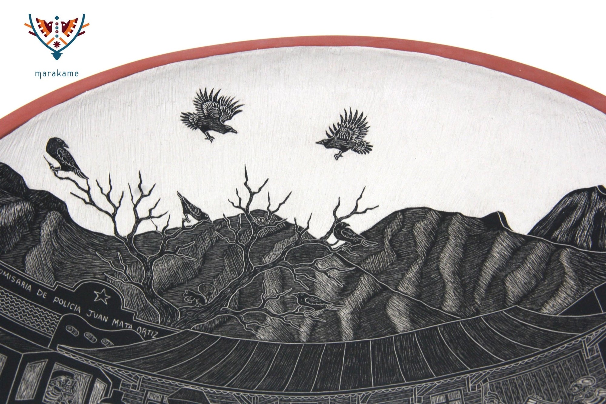 Cerámica de Mata Ortiz - Plato de Día de muertos Ferrocarril de día - Arte Huichol - Marakame