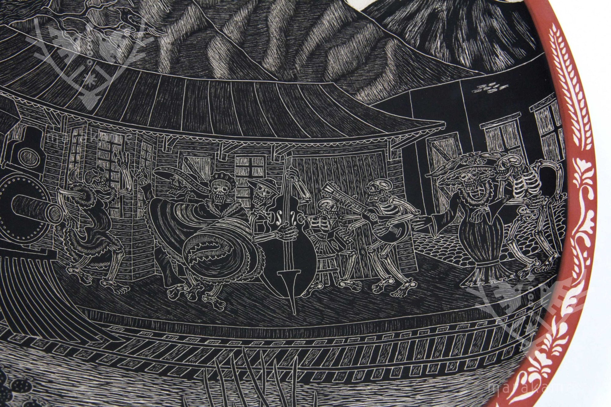 Cerámica de Mata Ortiz - Plato de Día de muertos Ferrocarril de día - Arte Huichol - Marakame
