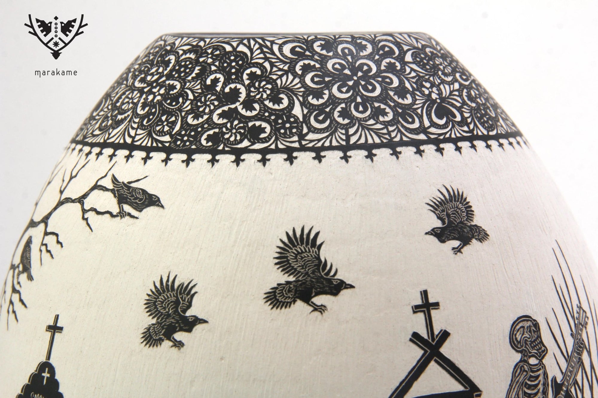 Cerámica de Mata Ortiz - Vida y Muerte de día - pieza grande - Arte Huichol - Marakame