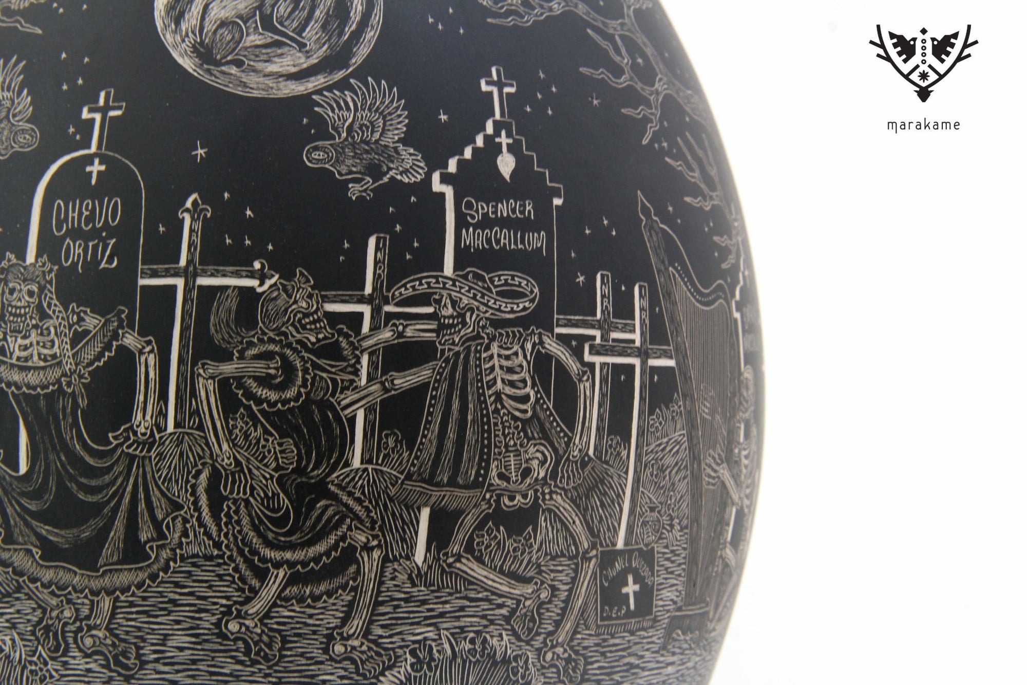Cerámica de Mata Ortiz - Vida y Muerte de noche - pieza grande - Arte Huichol - Marakame