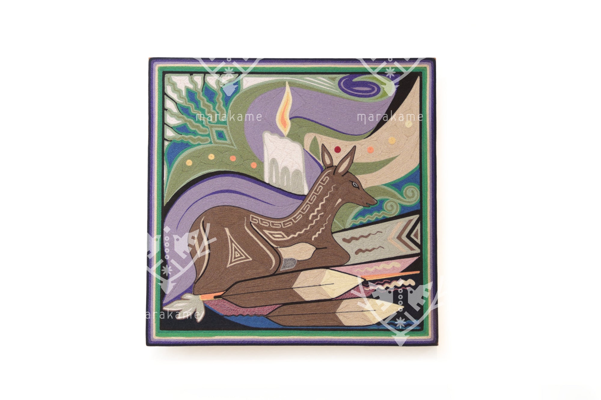 Nierika de Estambre Cuadro Huichol - La Venada y el Muwieri - 50 x 50 cm.