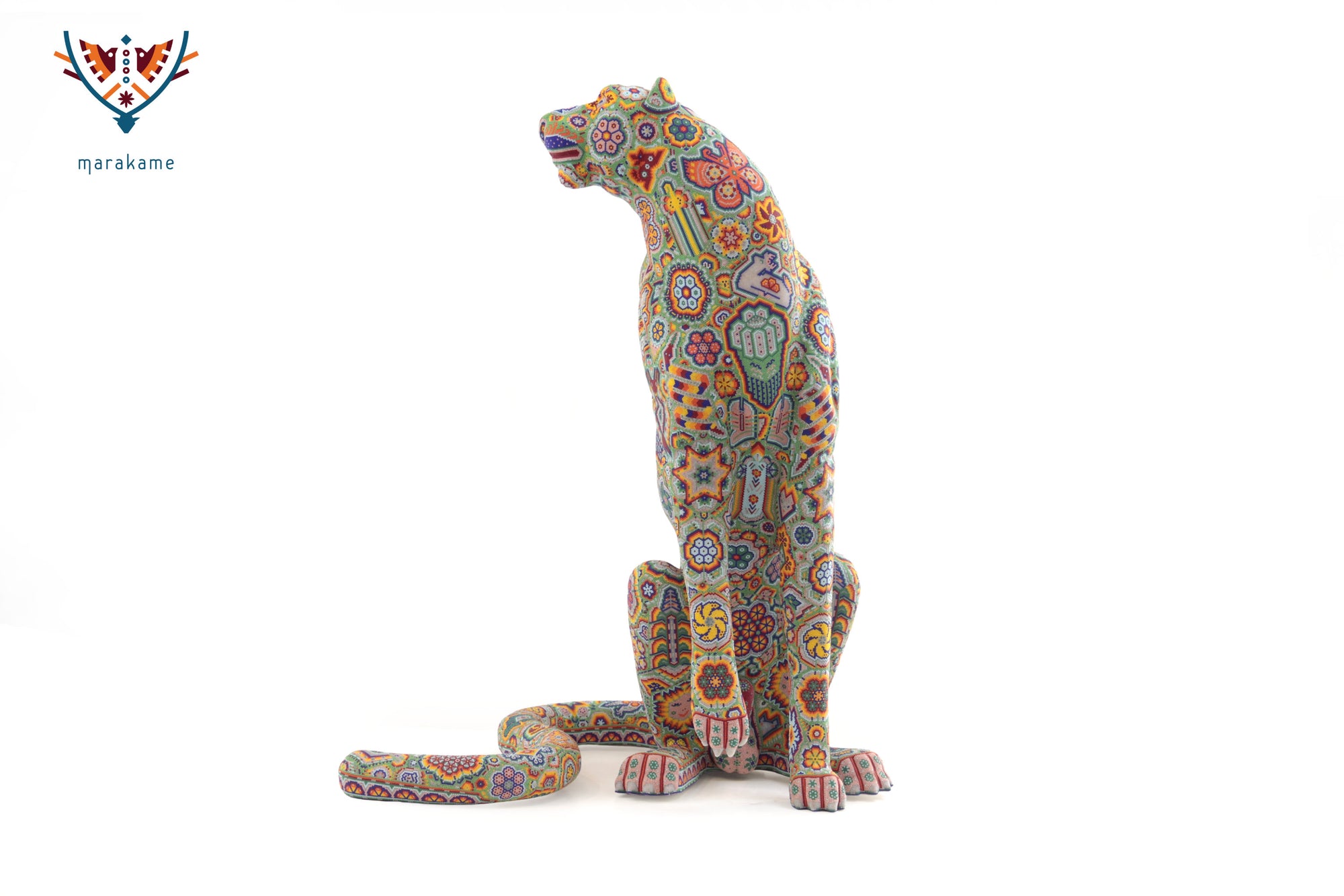 Escultura Arte Huichol - Leopardo macho - El jardín wixárika sobre su piel
