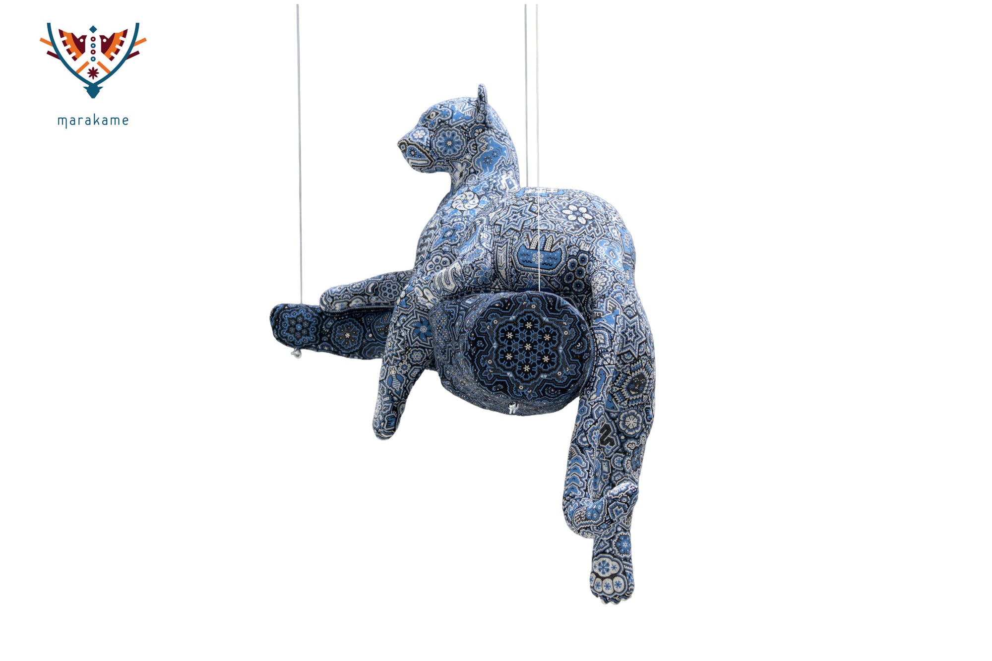 Escultura Arte Huichol - Puma en tronco - Resplandor de medianoche