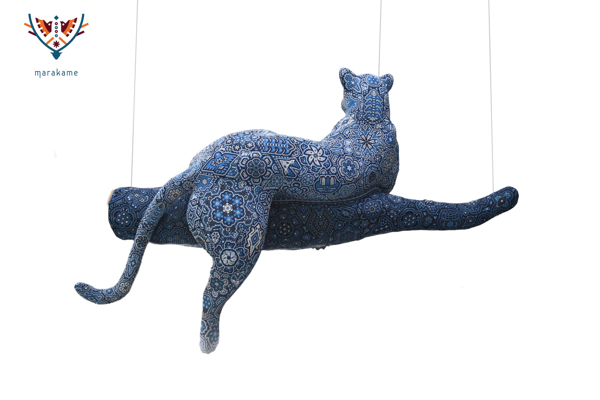 Escultura Arte Huichol - Puma en tronco - Resplandor de medianoche