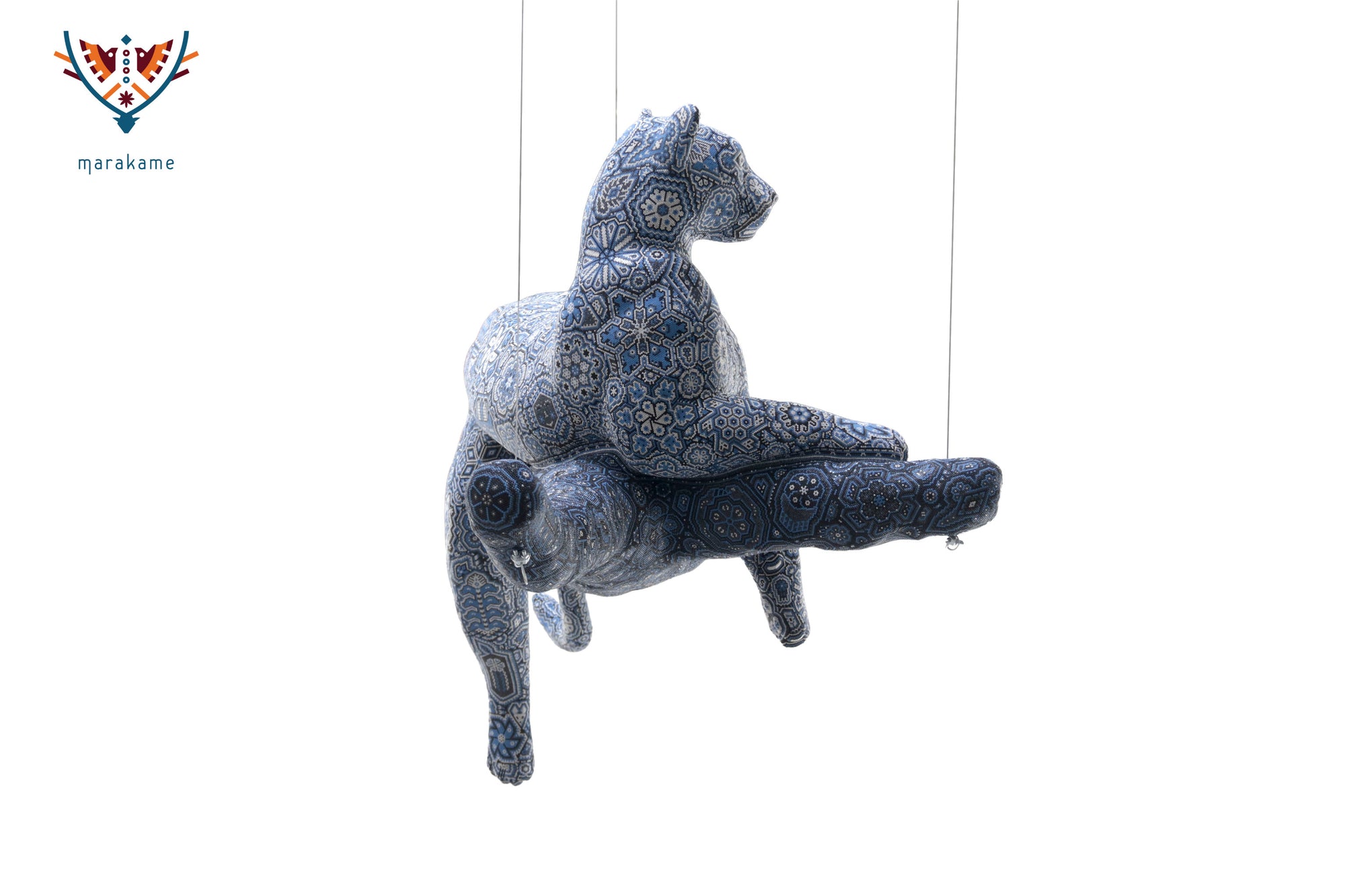 Escultura Arte Huichol - Puma en tronco - Resplandor de medianoche