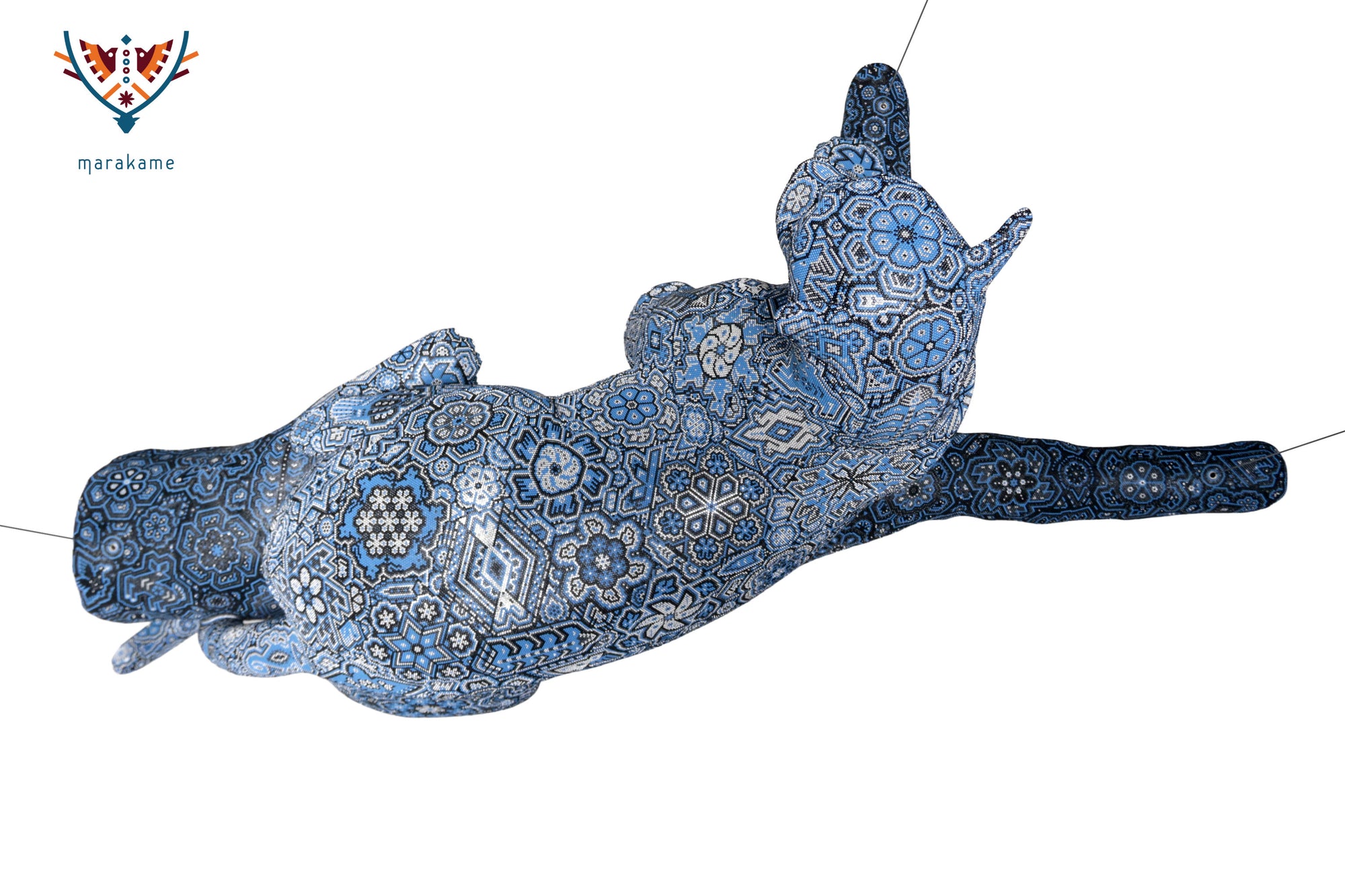 Escultura Arte Huichol - Puma en tronco - Resplandor de medianoche