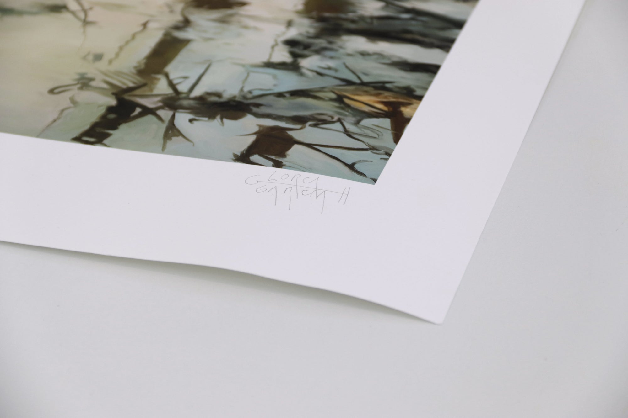 Surrealist fine art print depicting a young girl kneeling in a misty swamp surrounded by white hunting dogs and a large stag with sprawling antlers. The muted forest scene blends dreamlike beauty with tension, rendered in soft earthy tones and expressive brushwork.