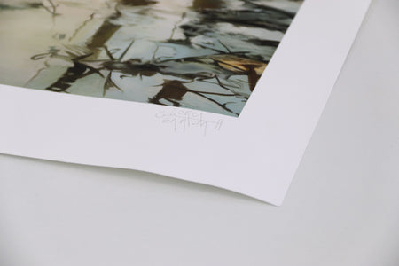 Surrealist fine art print depicting a young girl kneeling in a misty swamp surrounded by white hunting dogs and a large stag with sprawling antlers. The muted forest scene blends dreamlike beauty with tension, rendered in soft earthy tones and expressive brushwork.