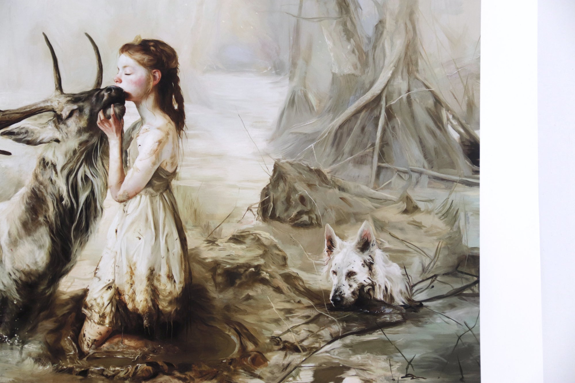 Surrealist fine art print depicting a young girl kneeling in a misty swamp surrounded by white hunting dogs and a large stag with sprawling antlers. The muted forest scene blends dreamlike beauty with tension, rendered in soft earthy tones and expressive brushwork.