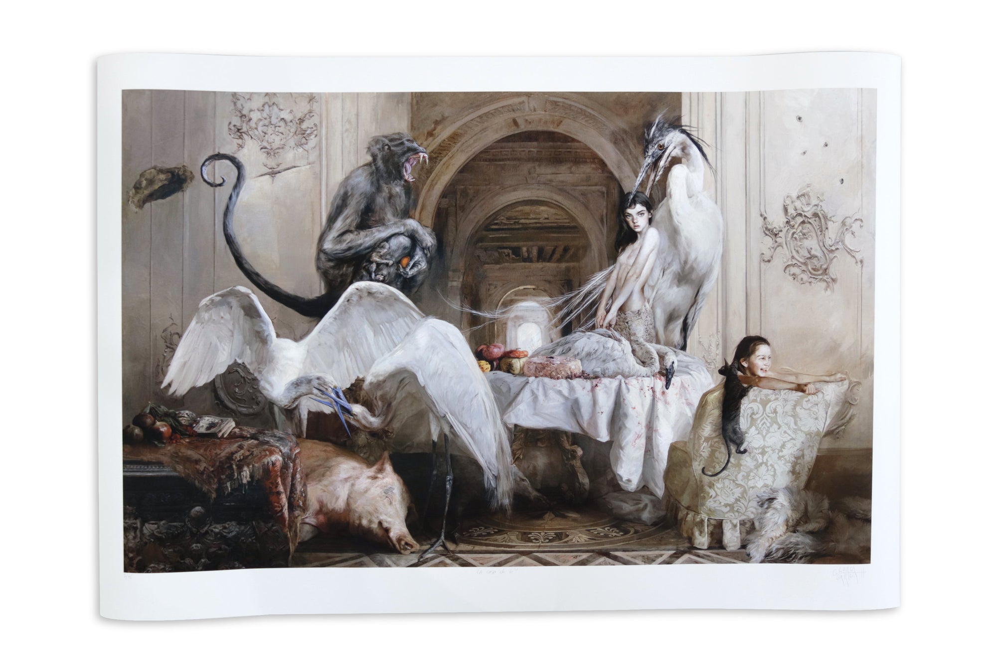 Surrealist fine art print titled “La Casa del Té” featuring a dreamlike interior filled with exotic birds, a monkey, and ethereal human figures gathered around an elaborate dining table. Soft neutral tones, dramatic animal symbolism, and ornate architectural details create a haunting contemporary surrealist atmosphere.
