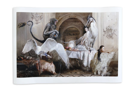Surrealist fine art print titled “La Casa del Té” featuring a dreamlike interior filled with exotic birds, a monkey, and ethereal human figures gathered around an elaborate dining table. Soft neutral tones, dramatic animal symbolism, and ornate architectural details create a haunting contemporary surrealist atmosphere.
