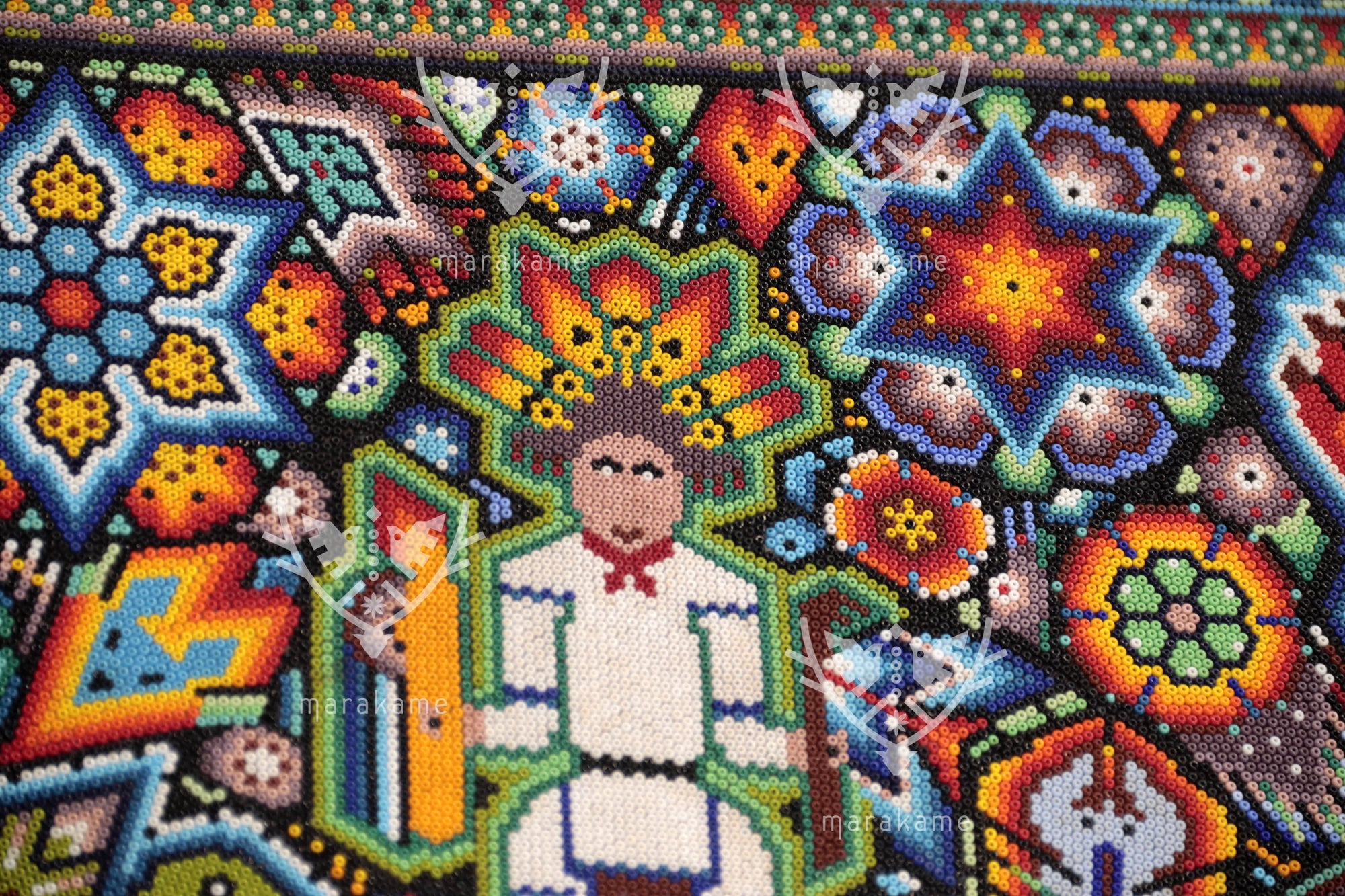 Nierika de Chaquira Cuadro Huichol - El Ciclo Sagrado: Cartografía de la Cosmovisión Wixárika - 244 x 60 cm.