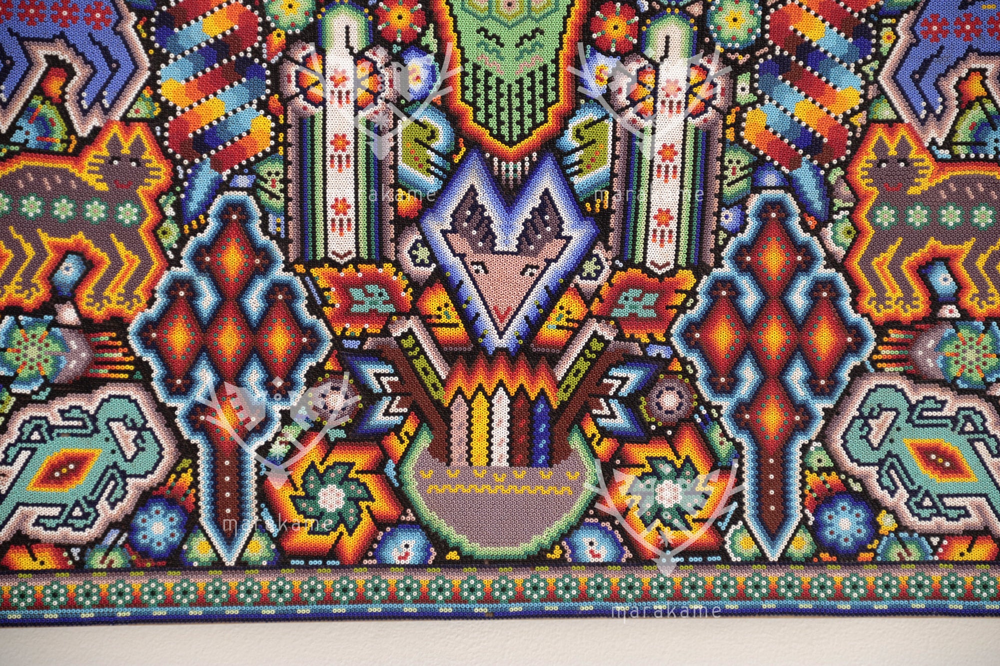 Nierika de Chaquira Cuadro Huichol - El Ciclo Sagrado: Cartografía de la Cosmovisión Wixárika - 244 x 60 cm.