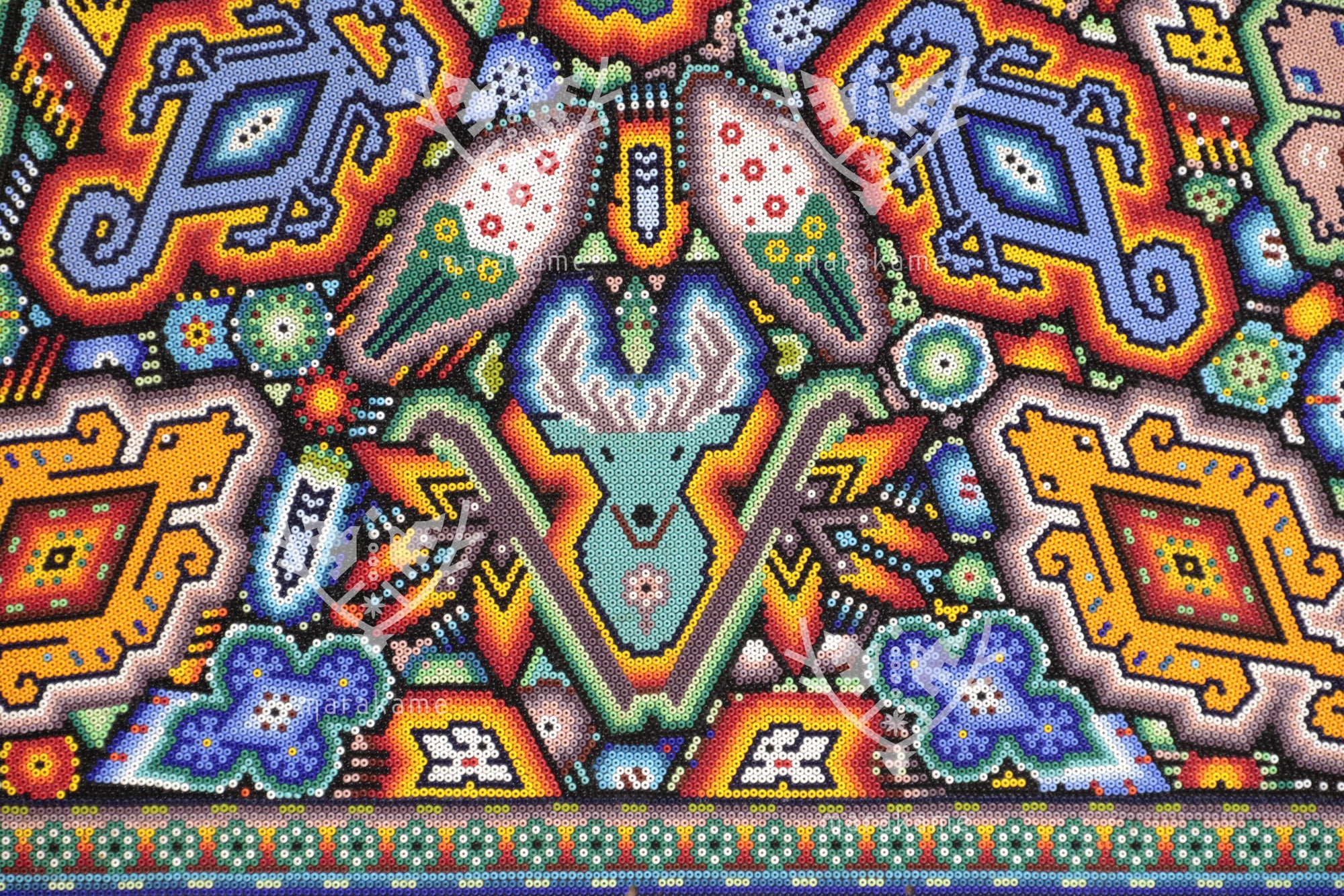 Nierika de Chaquira Cuadro Huichol - El Ciclo Sagrado: Cartografía de la Cosmovisión Wixárika - 244 x 60 cm.