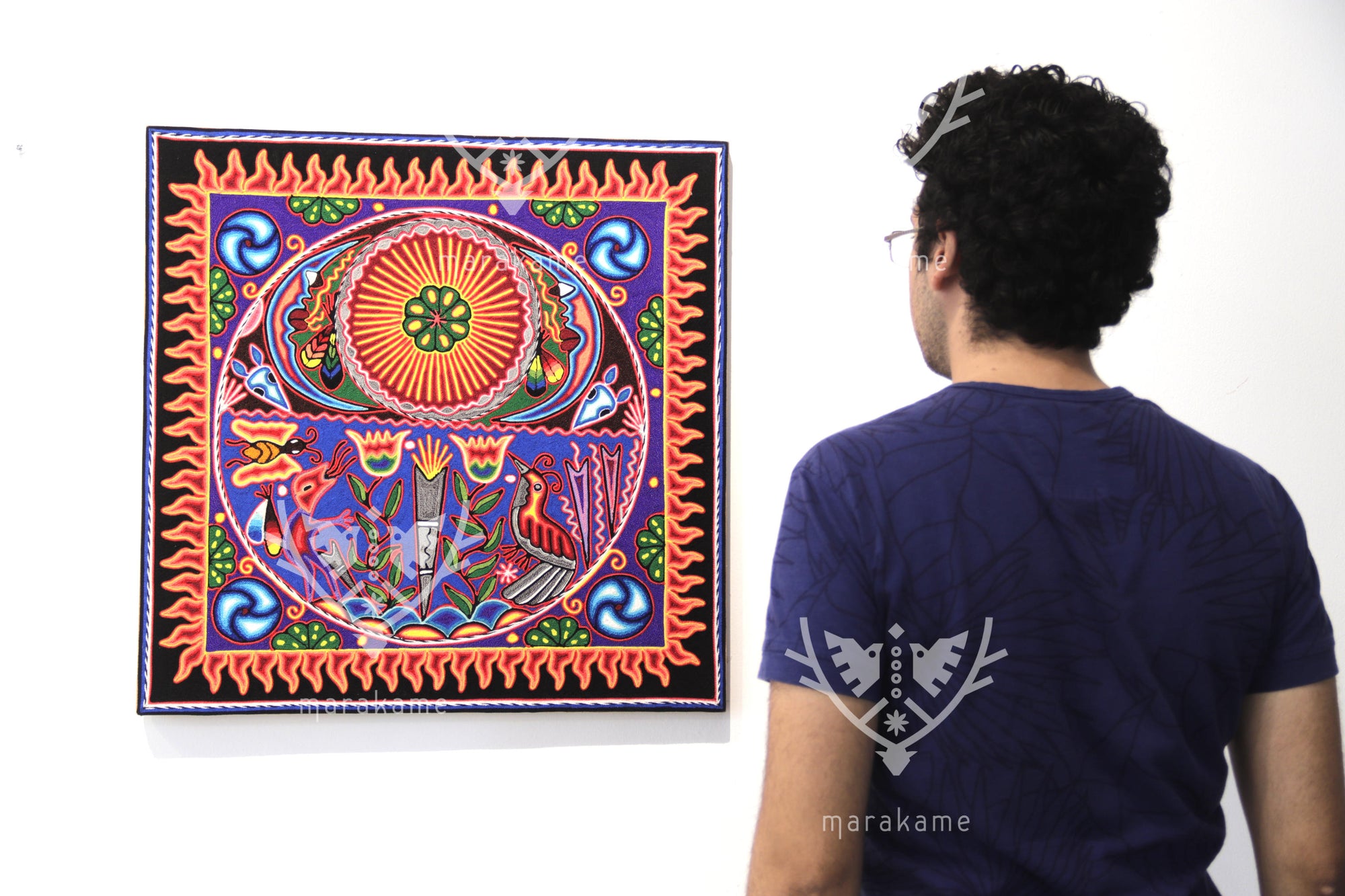 Nierika de Estambre Cuadro Huichol - El abuelo fuego - 60 x 60 cm. - 2025