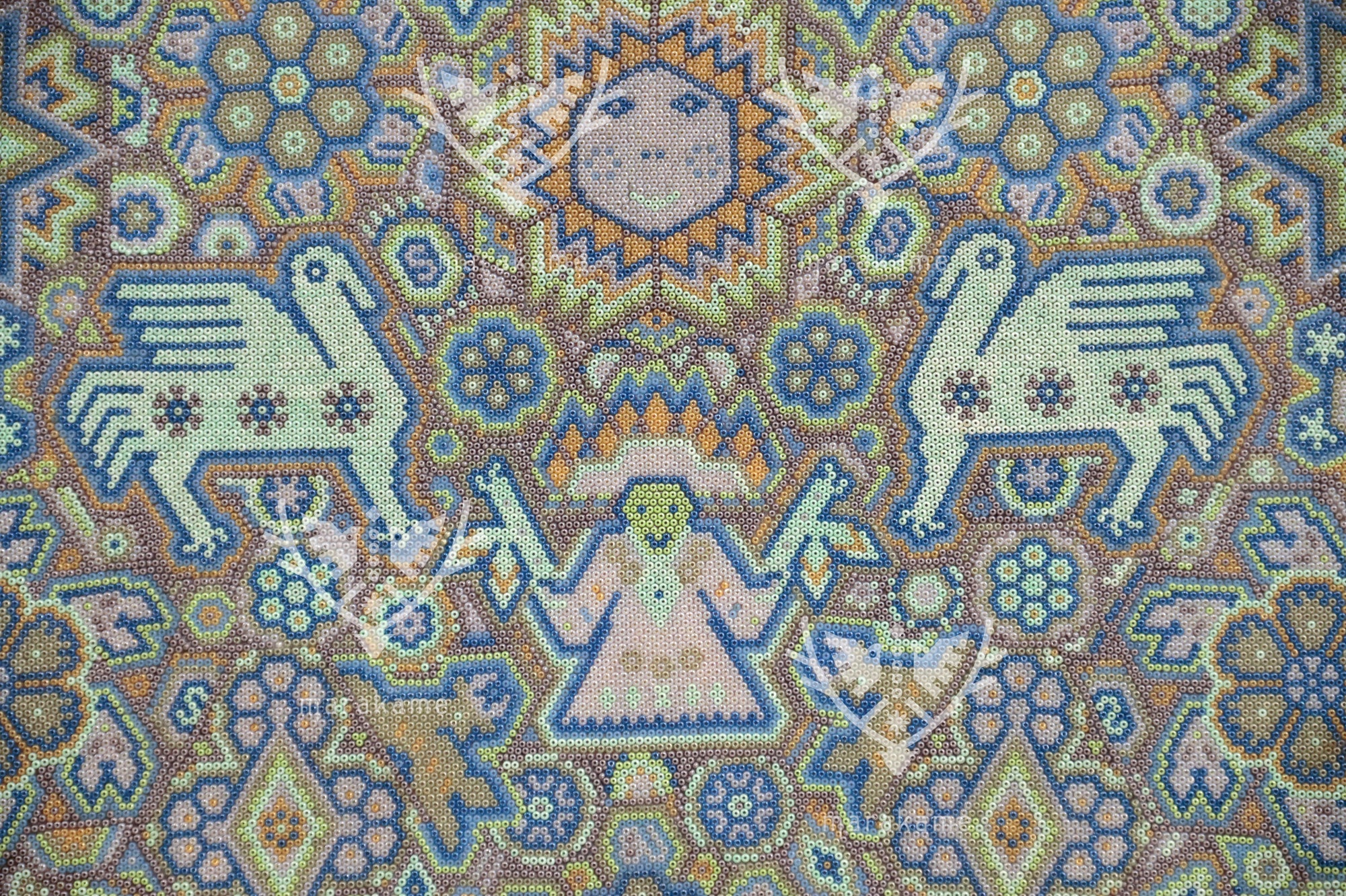 Nierika de Chaquira Huichol Gemälde - Tau Nierika Yeyari - Derjenige, der mit dem Antlitz der Sonne sieht - 120 x 60 cm.