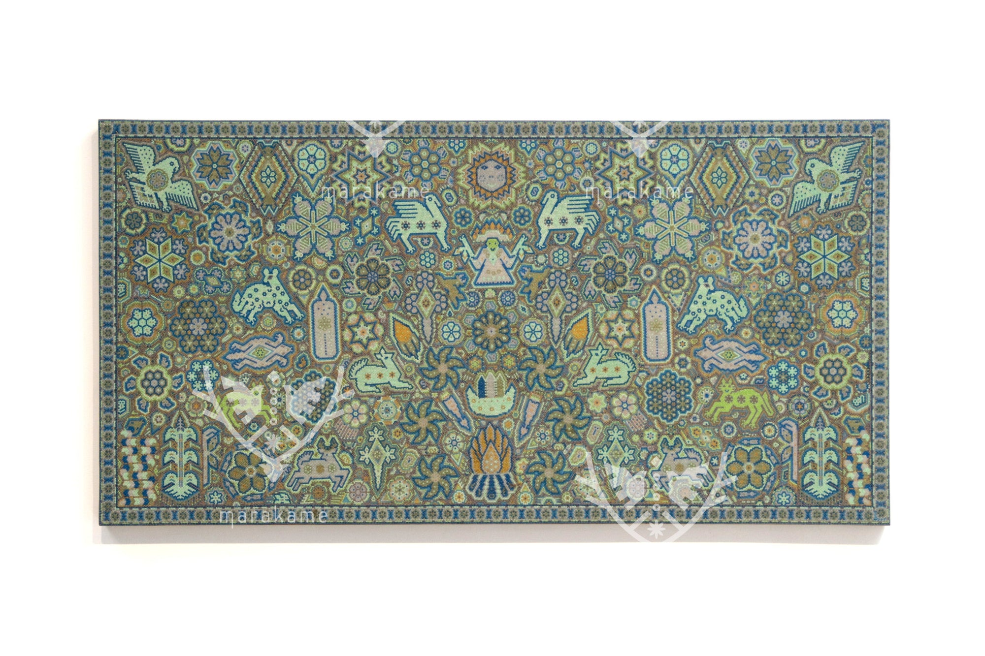 Nierika de Chaquira Huichol Gemälde - Tau Nierika Yeyari - Derjenige, der mit dem Antlitz der Sonne sieht - 120 x 60 cm.