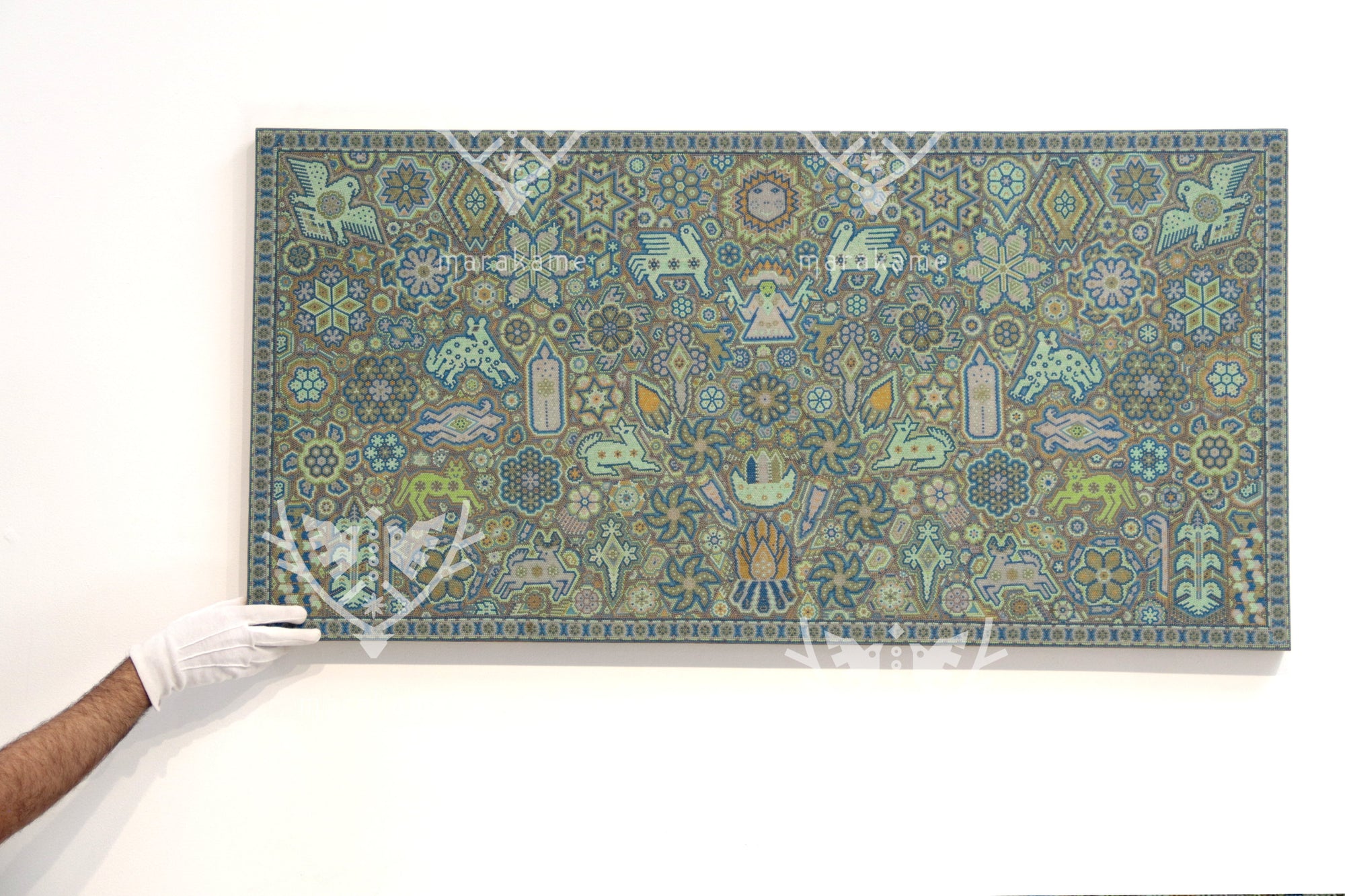 Nierika de Chaquira Huichol Gemälde - Tau Nierika Yeyari - Derjenige, der mit dem Antlitz der Sonne sieht - 120 x 60 cm.