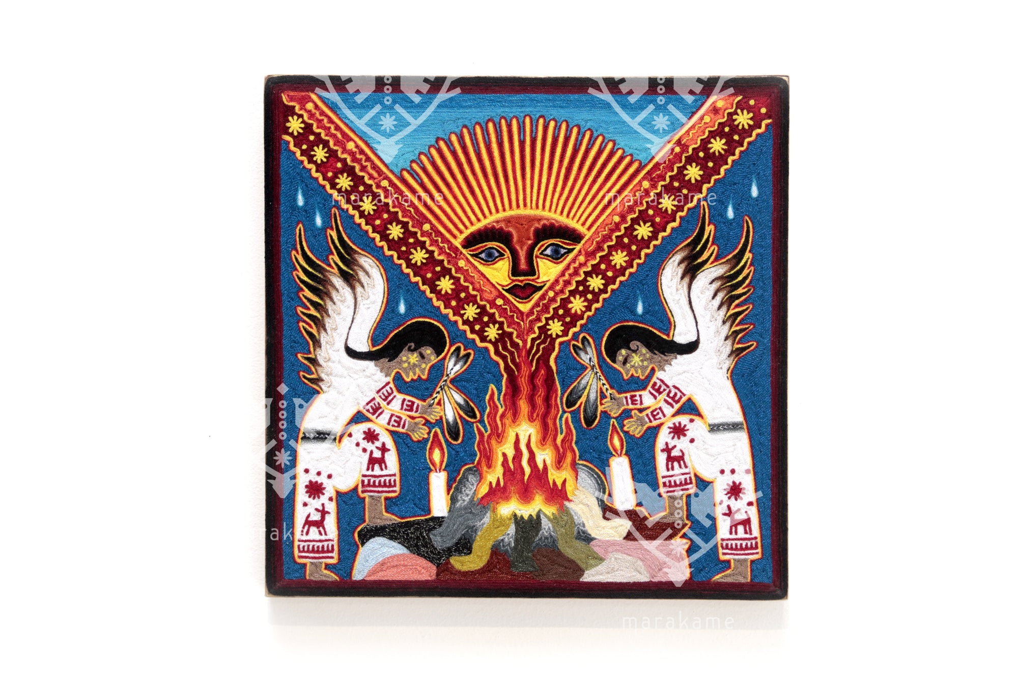 Nierika de Estambre fino Cuadro Huichol - Los guardianes de Tatewari - 30 x 30 cm.