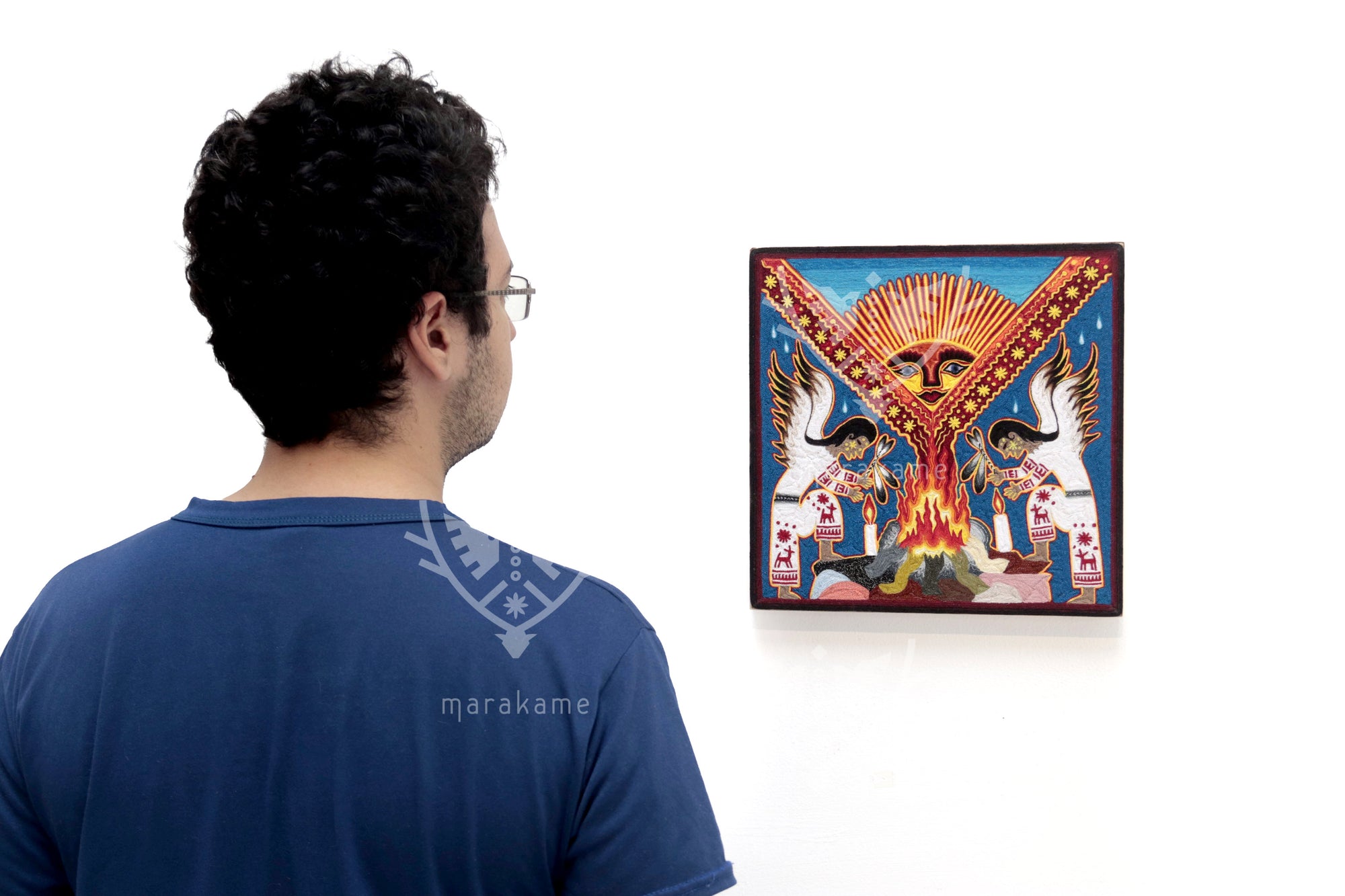 Nierika de Estambre fino Cuadro Huichol - Los guardianes de Tatewari - 30 x 30 cm.