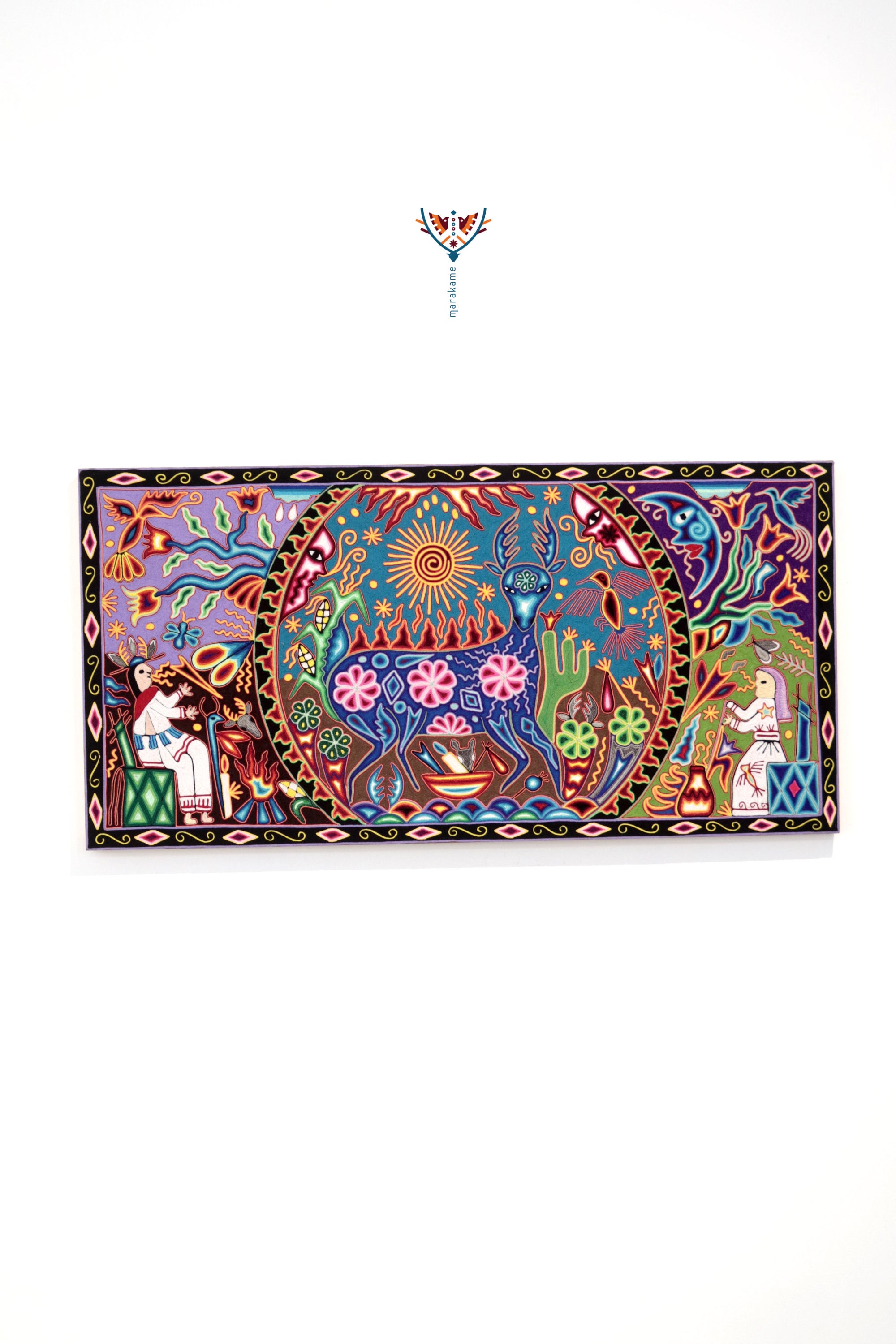 Nierika de Estambre Cuadro Huichol - Tamatsi Maxa Kauyumarie - 120 x 60 cm.