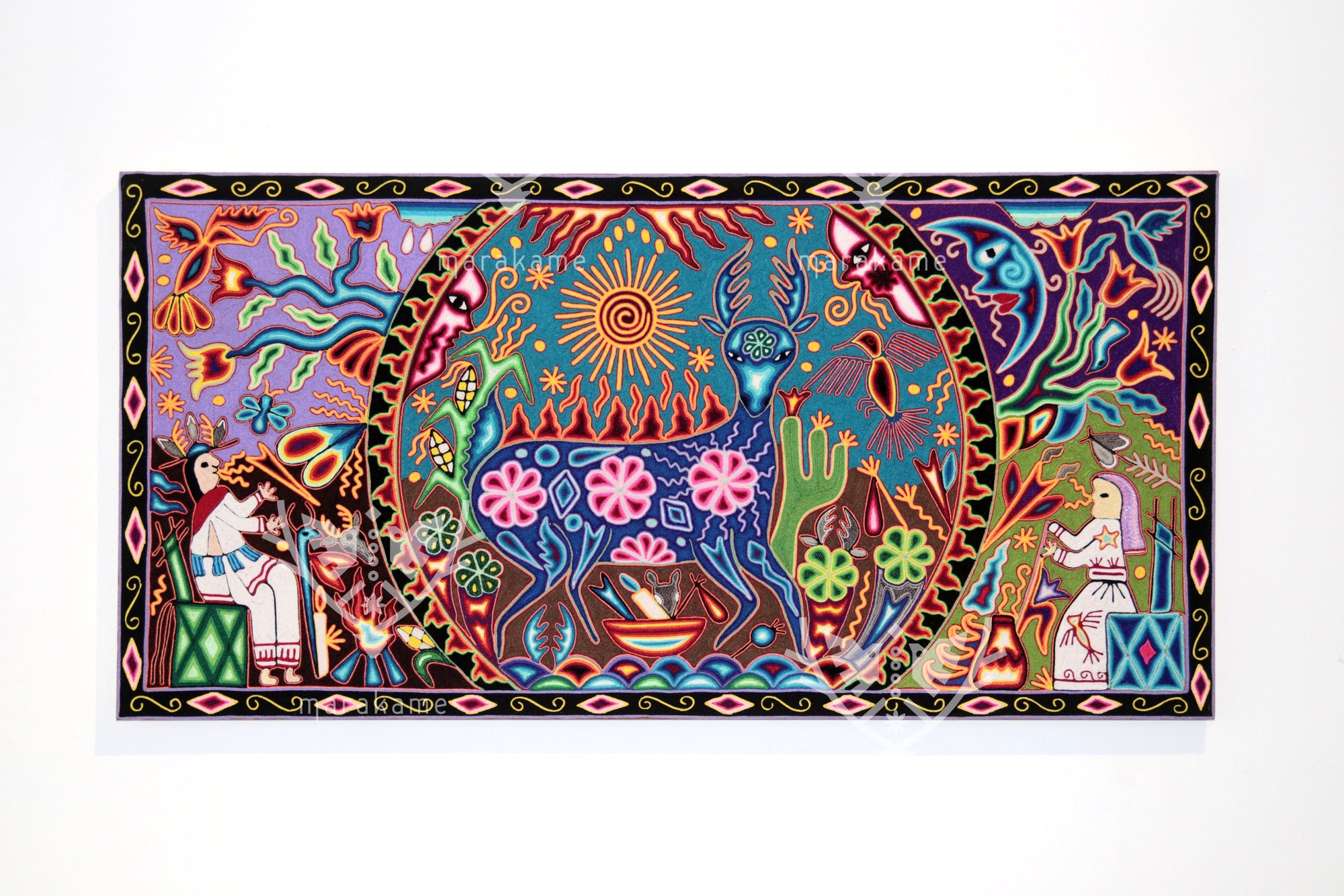 Nierika de Estambre Cuadro Huichol - Tamatsi Maxa Kauyumarie - 120 x 60 cm.