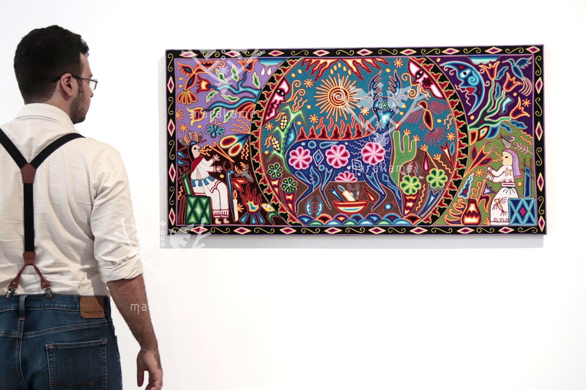 Nierika de Estambre Cuadro Huichol - Tamatsi Maxa Kauyumarie - 120 x 60 cm.