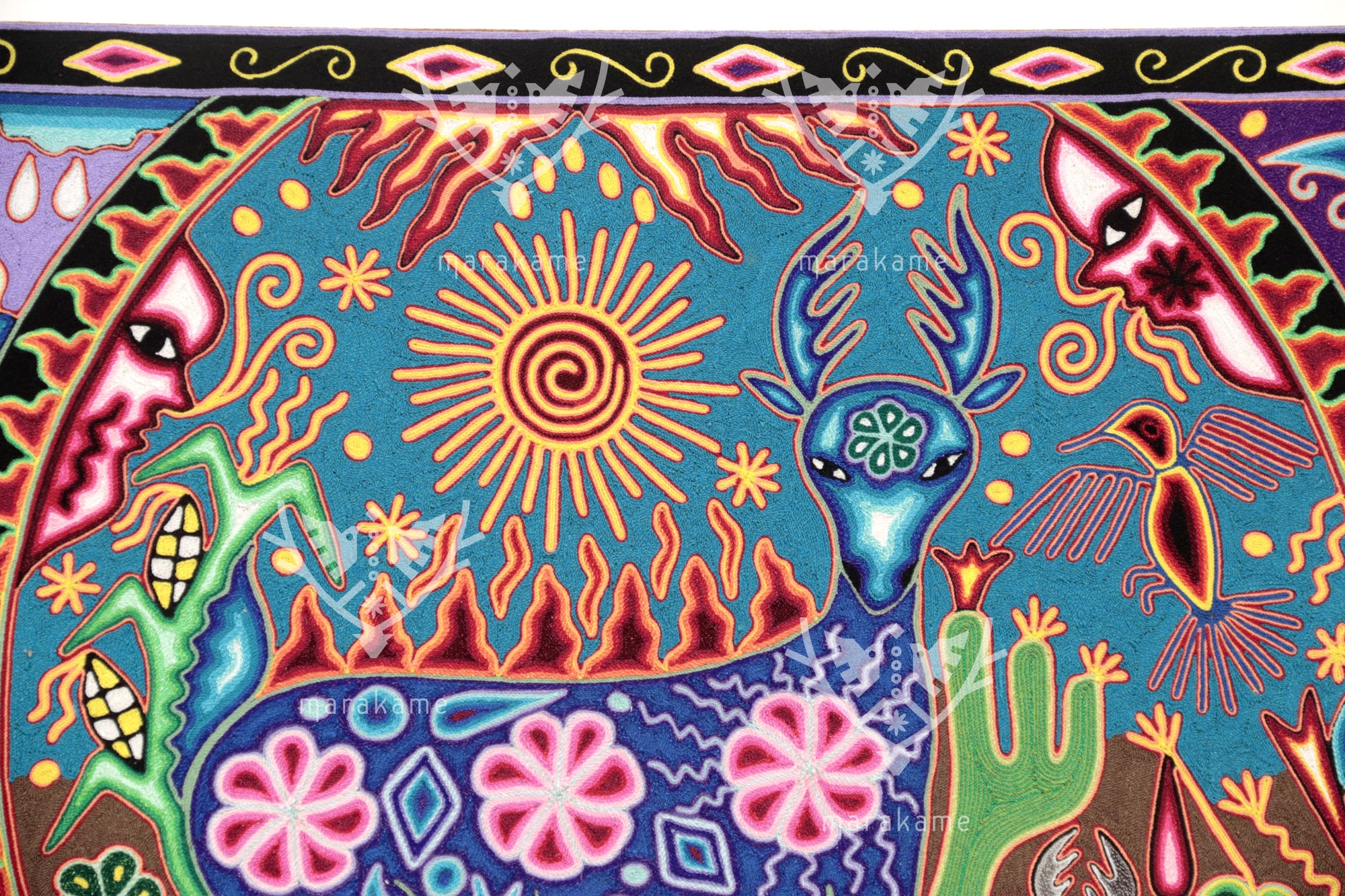 Nierika de Estambre Cuadro Huichol - Tamatsi Maxa Kauyumarie - 120 x 60 cm.