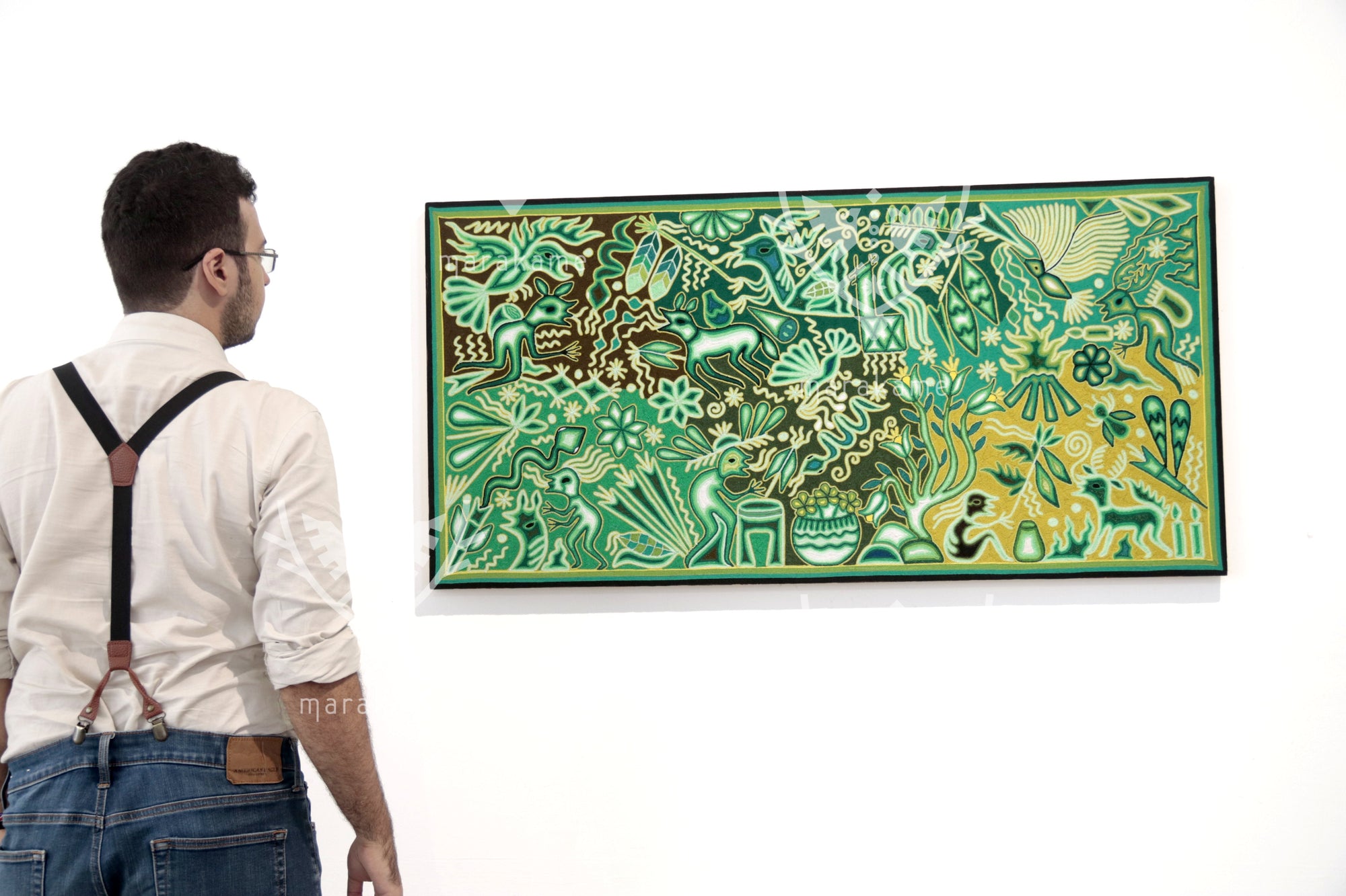 Nierika de Estambre Cuadro Huichol - Tamatsi Kauyumarie - 120 x 60 cm.