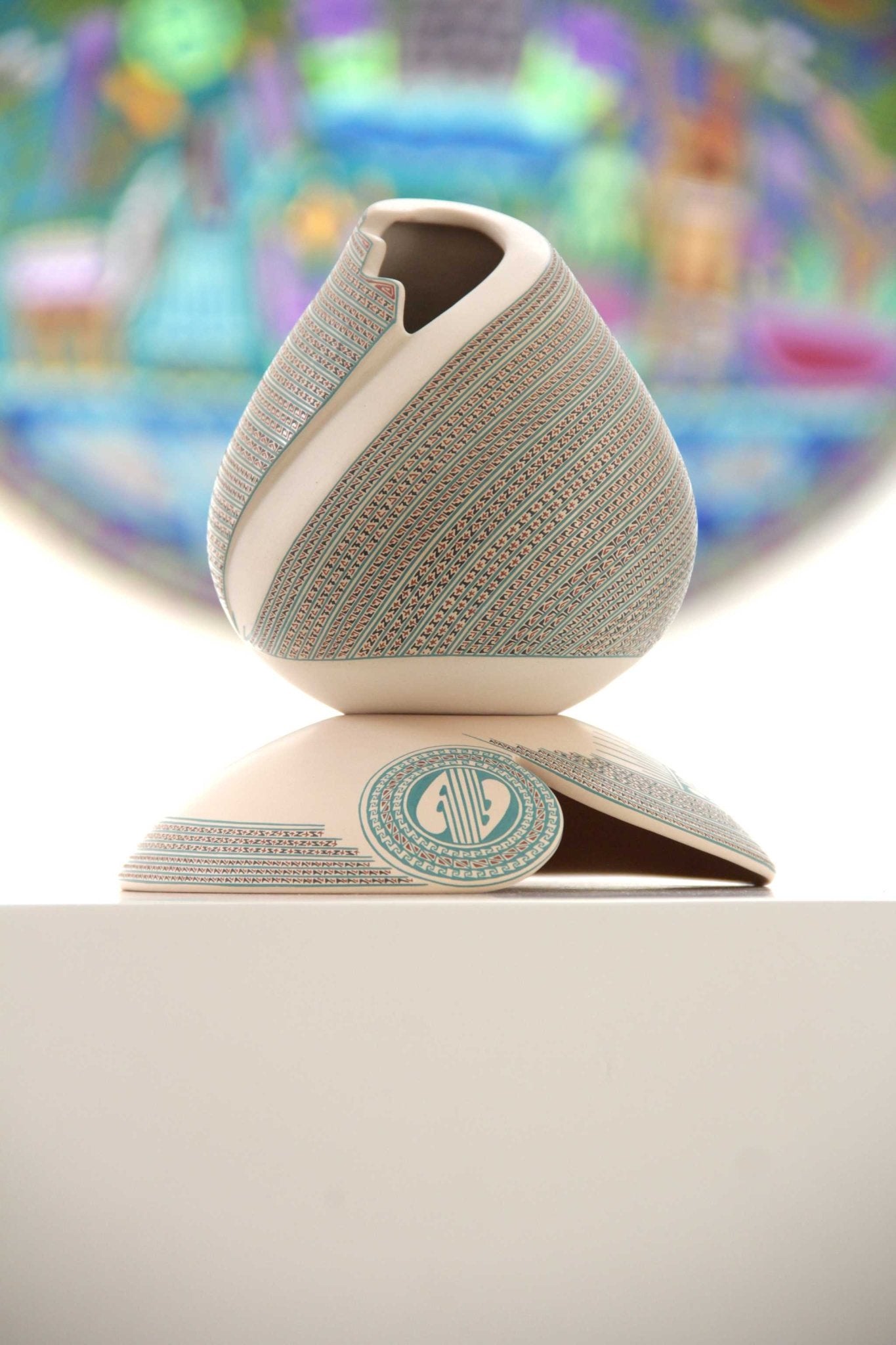 Cerámica de Mata Ortiz - Pieza turquesa mediana - Arte Huichol - Marakame