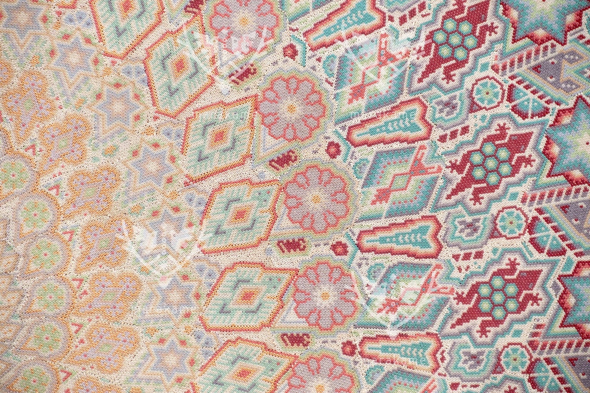 Nierika vom Chaquira Huichol Circle – Maku tusá – Weiße Erde von Wirikuta – 120 cm. - Huichol-Kunst - Marakame