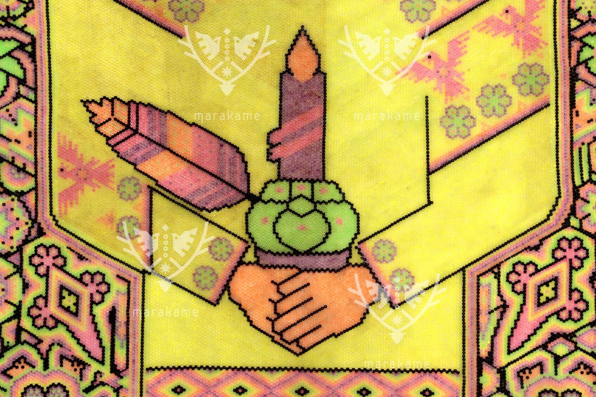 Nierika de Chaquira Círculo Huichol - Mara'akame Neón - 122 x 71.5 cm. - Arte Huichol - Marakame