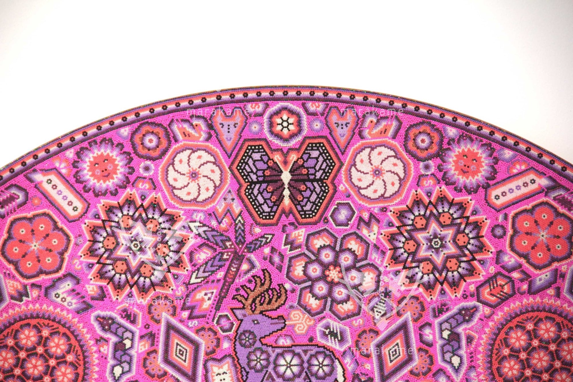 Prevendita - Nierika de Chaquira Huichol Circle - Tuutú muwieri Wirikuta - Peyote piumato proveniente dal luogo sacro dove nasce il peyote - 120 cm. - Arte Huichol - Marakame