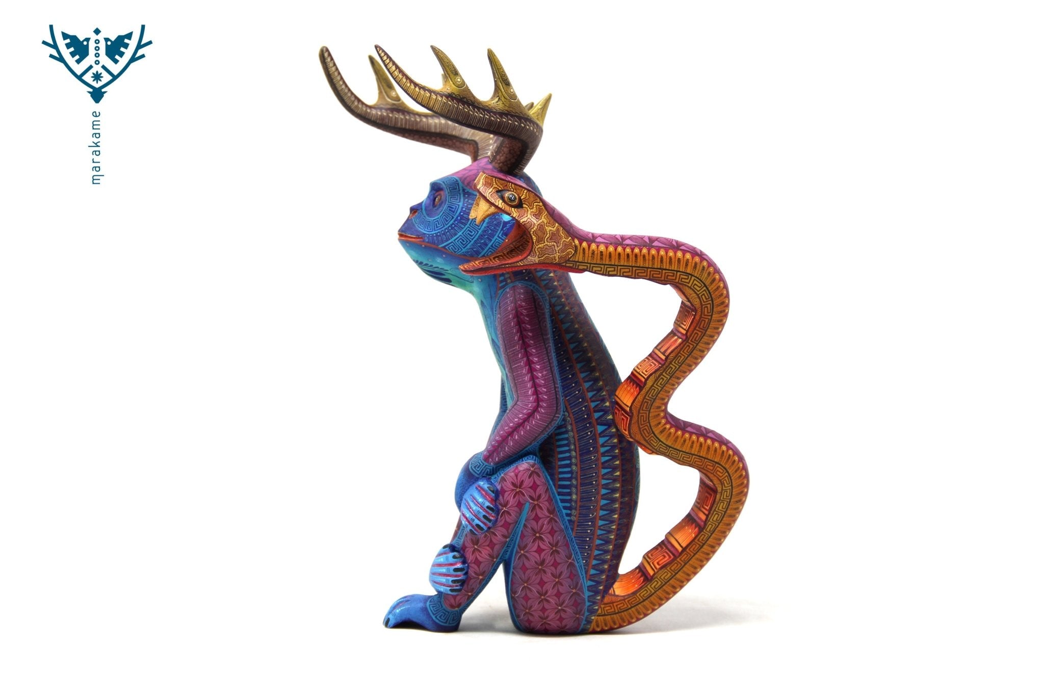 Alebrije - Schlangenschwanz-gehörnter Affe - Huichol Art - Marakame