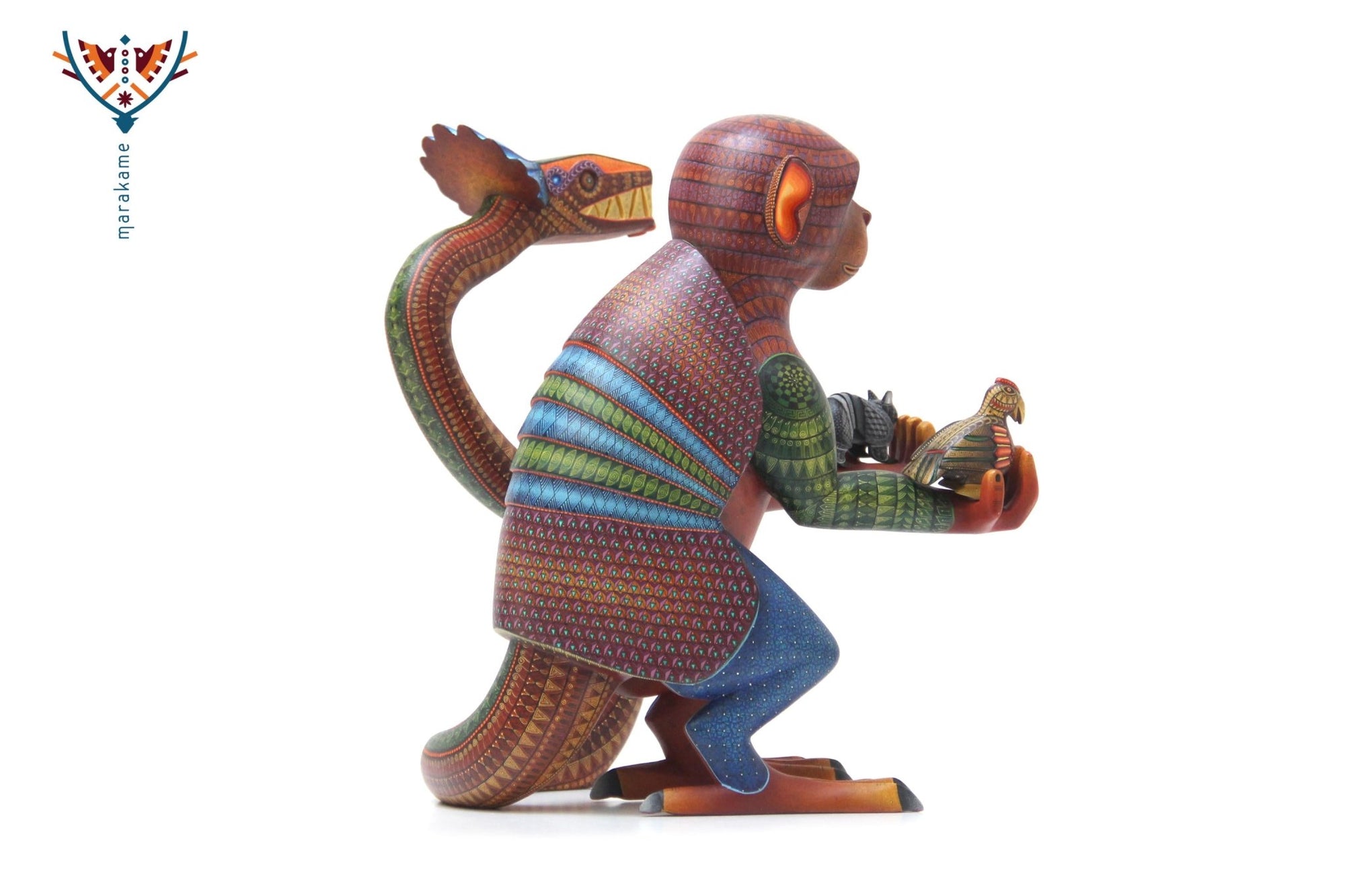 Alebrije - Fusión Chango Armadillo Quetzalcoatl con nahuales - Arte Huichol - Marakame
