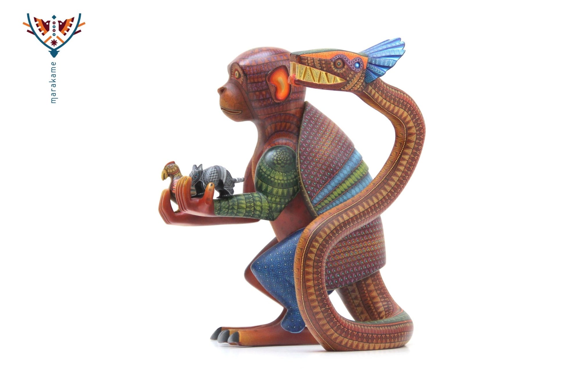 Alebrije - Fusión Chango Armadillo Quetzalcoatl con nahuales - Arte Huichol - Marakame