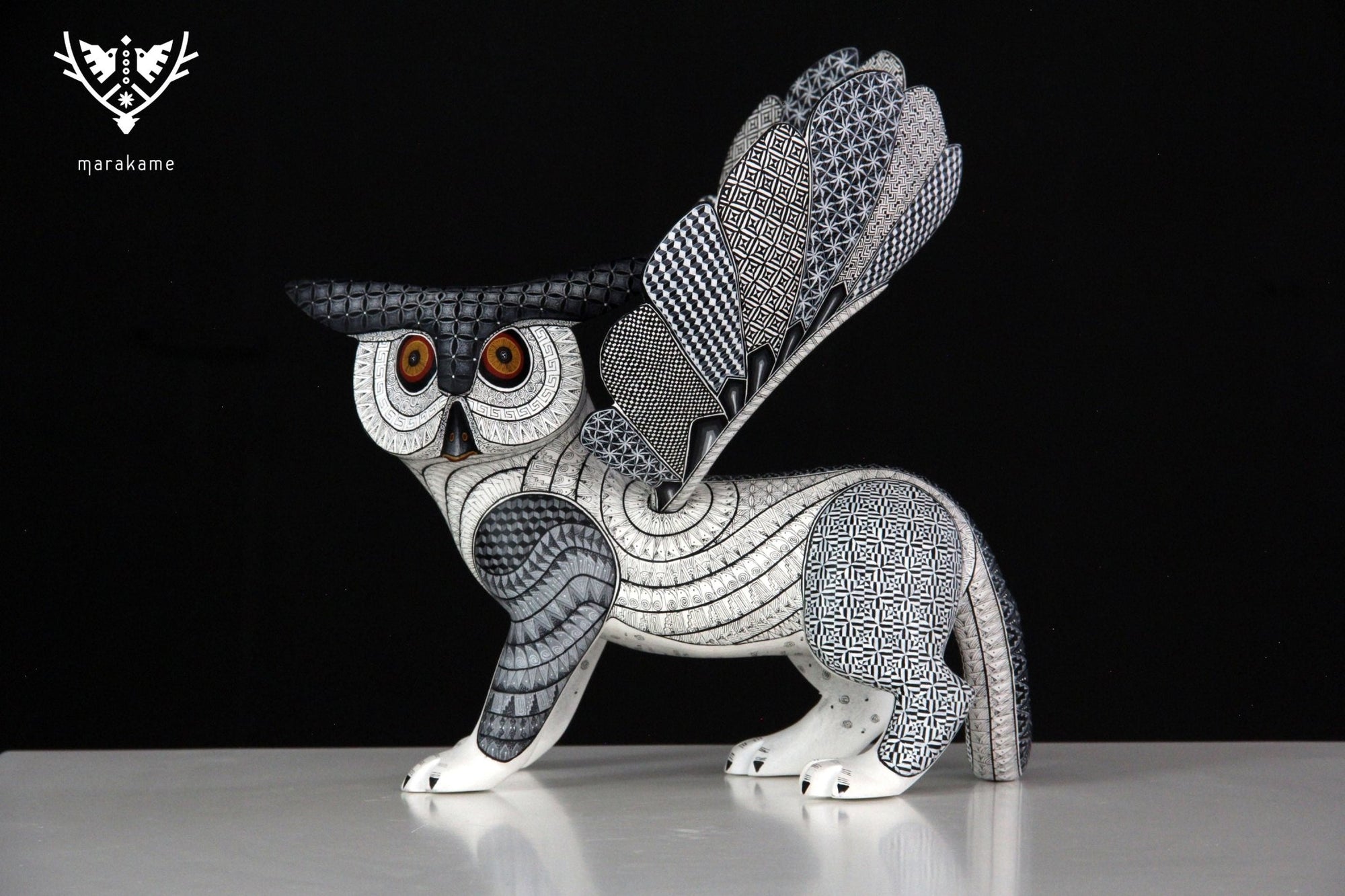 Alebrije - Tiger Owl Fusion - Huichol Art - Marakame