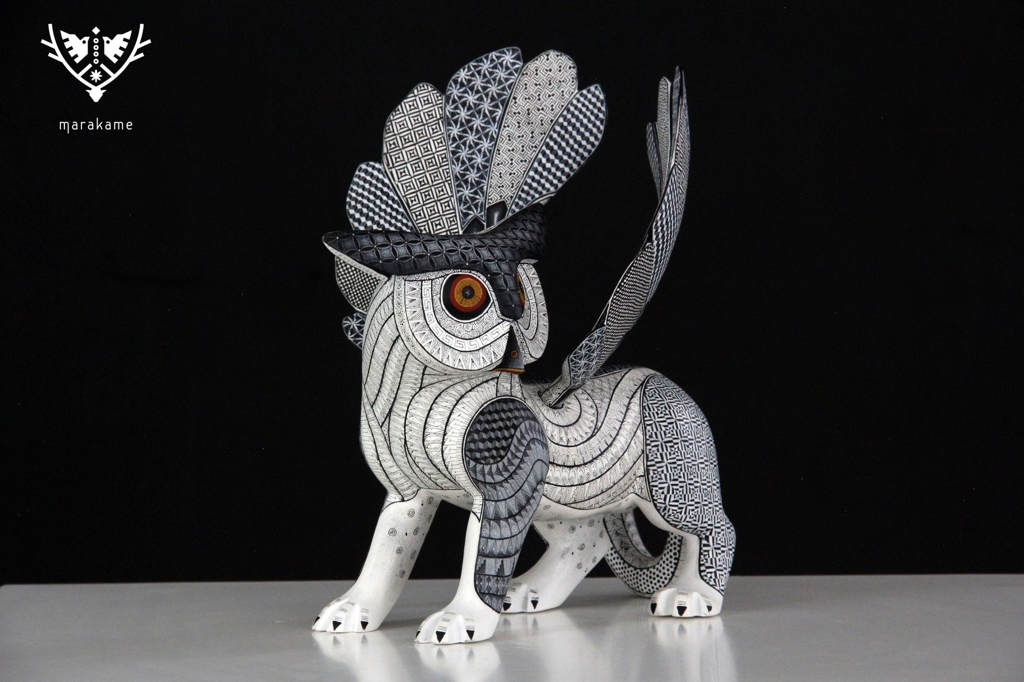 Alebrije - Tiger Owl Fusion - Huichol Art - Marakame