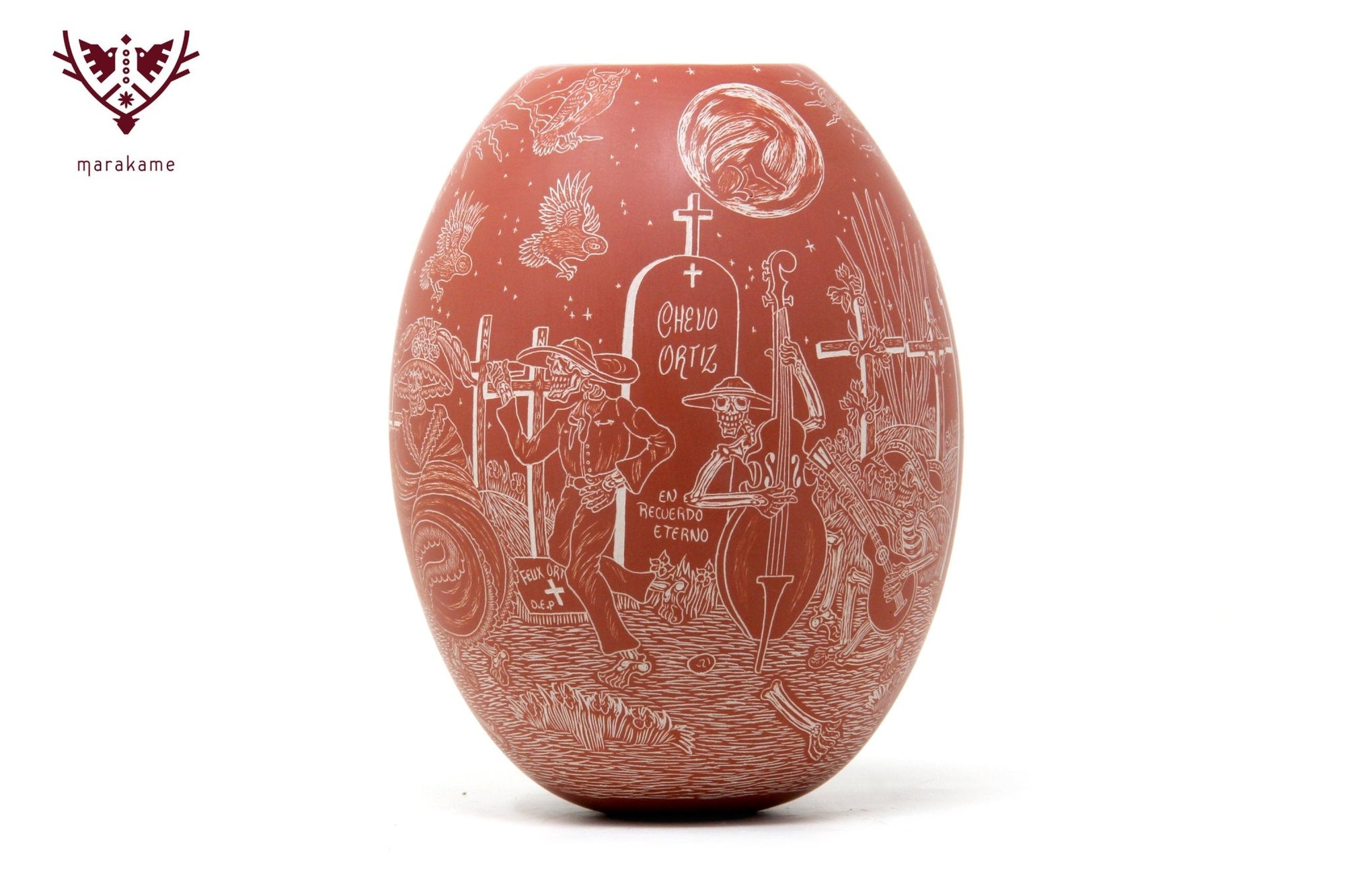Mata Ortiz ceramic - Day of the dead - dancing to life / night - Huichol art - Marakame