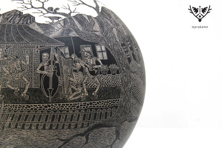 Céramique Mata Ortiz - Jour des morts, danseurs à plumes - Chef-d'œuvre - Art Huichol - Marakame