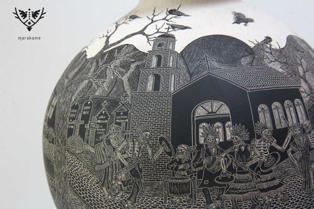 Céramique Mata Ortiz - Jour des morts, danseurs à plumes - Chef-d'œuvre - Art Huichol - Marakame