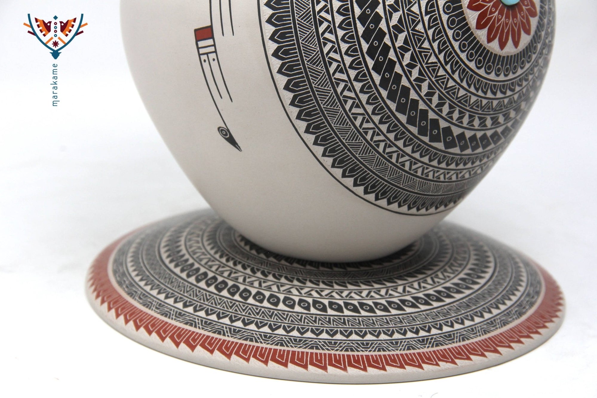 Keramik von Mata Ortiz - Diptychon-Teller und Vase - Huichol-Kunst - Marakame